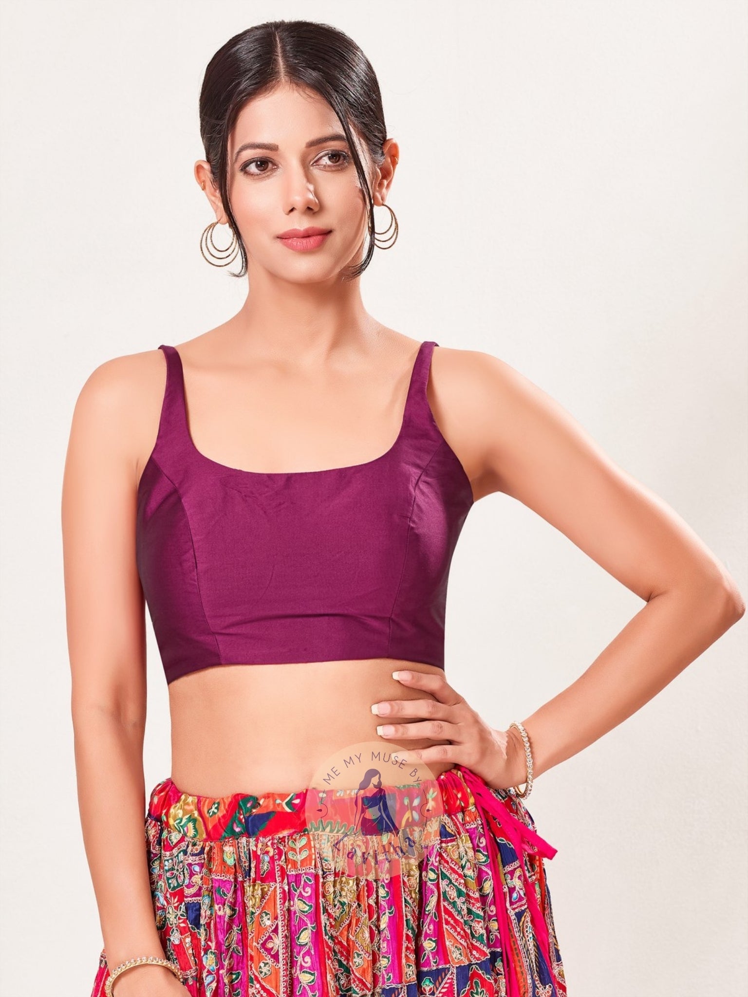 Plum Brocade Padded Round-Neck Sleeveless Blouse