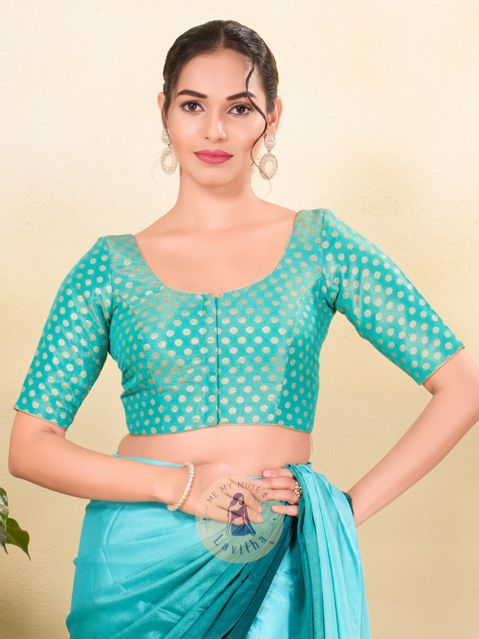 Light Blue Tissue Padded Golden Buti Round-Neck Blouse