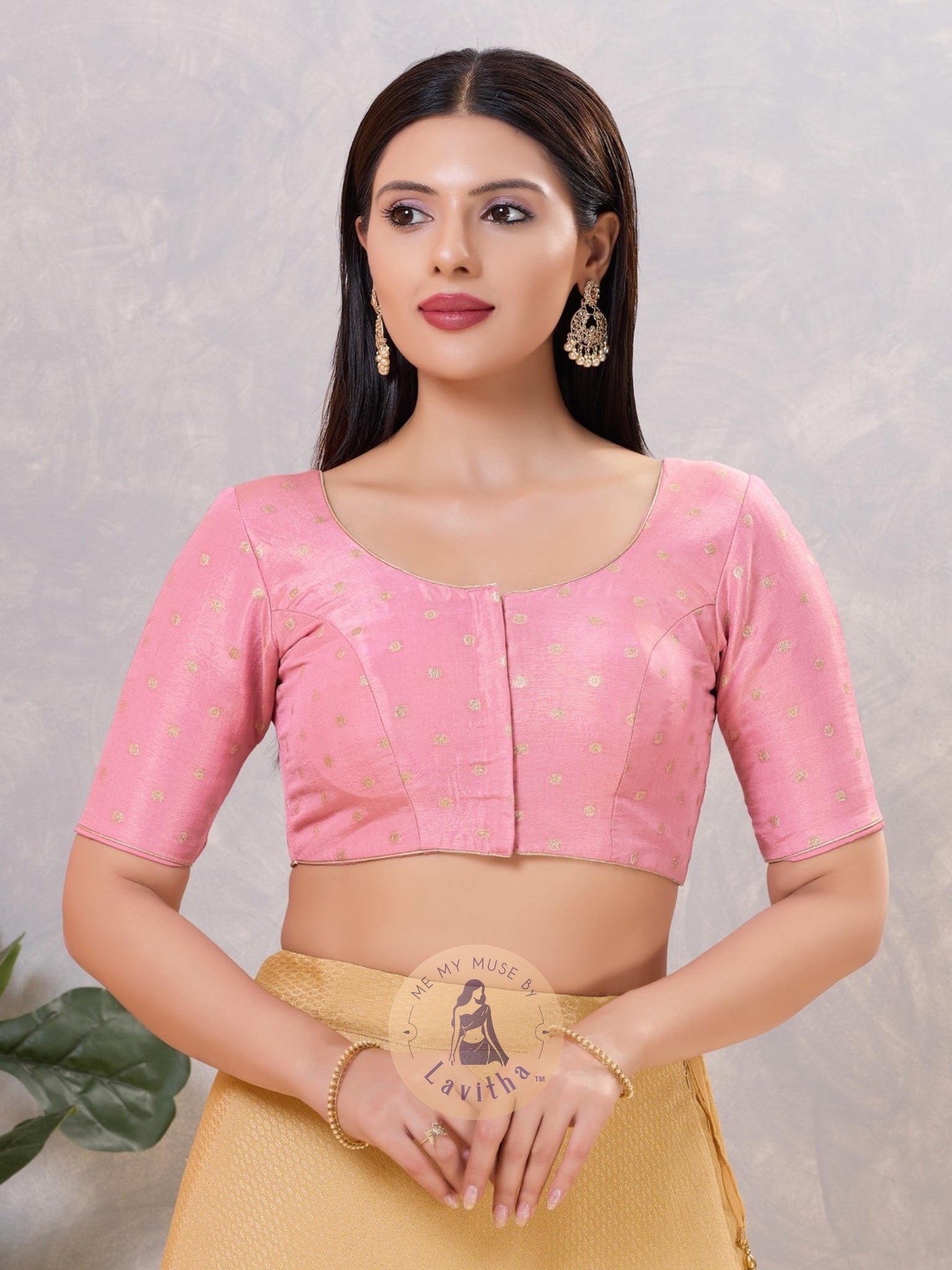 Light Pink Tissue Padded Golden Buti Round-Neck Blouse