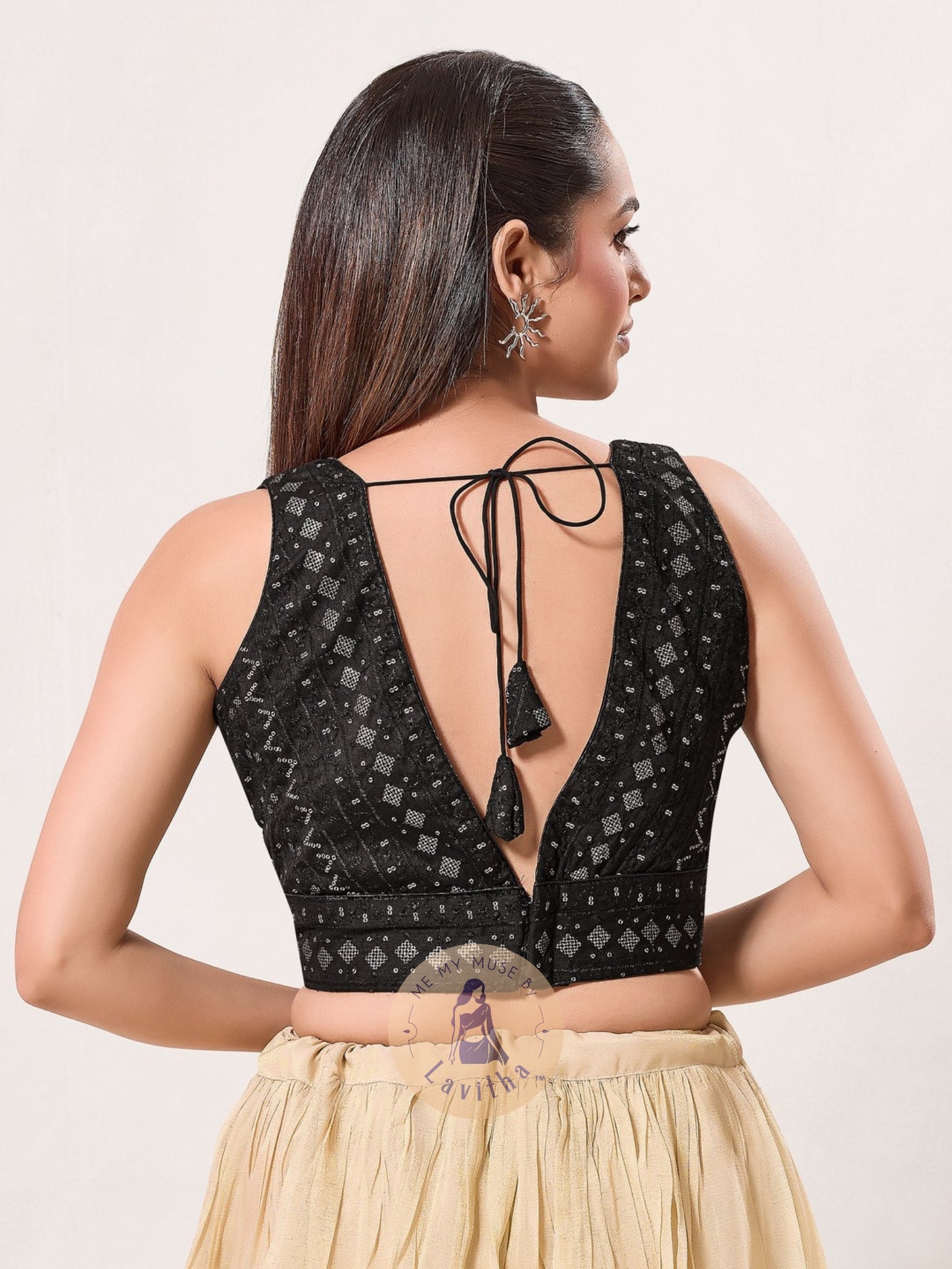 Black Tissue Sleeveless Deep Leaf-Neck Blouse