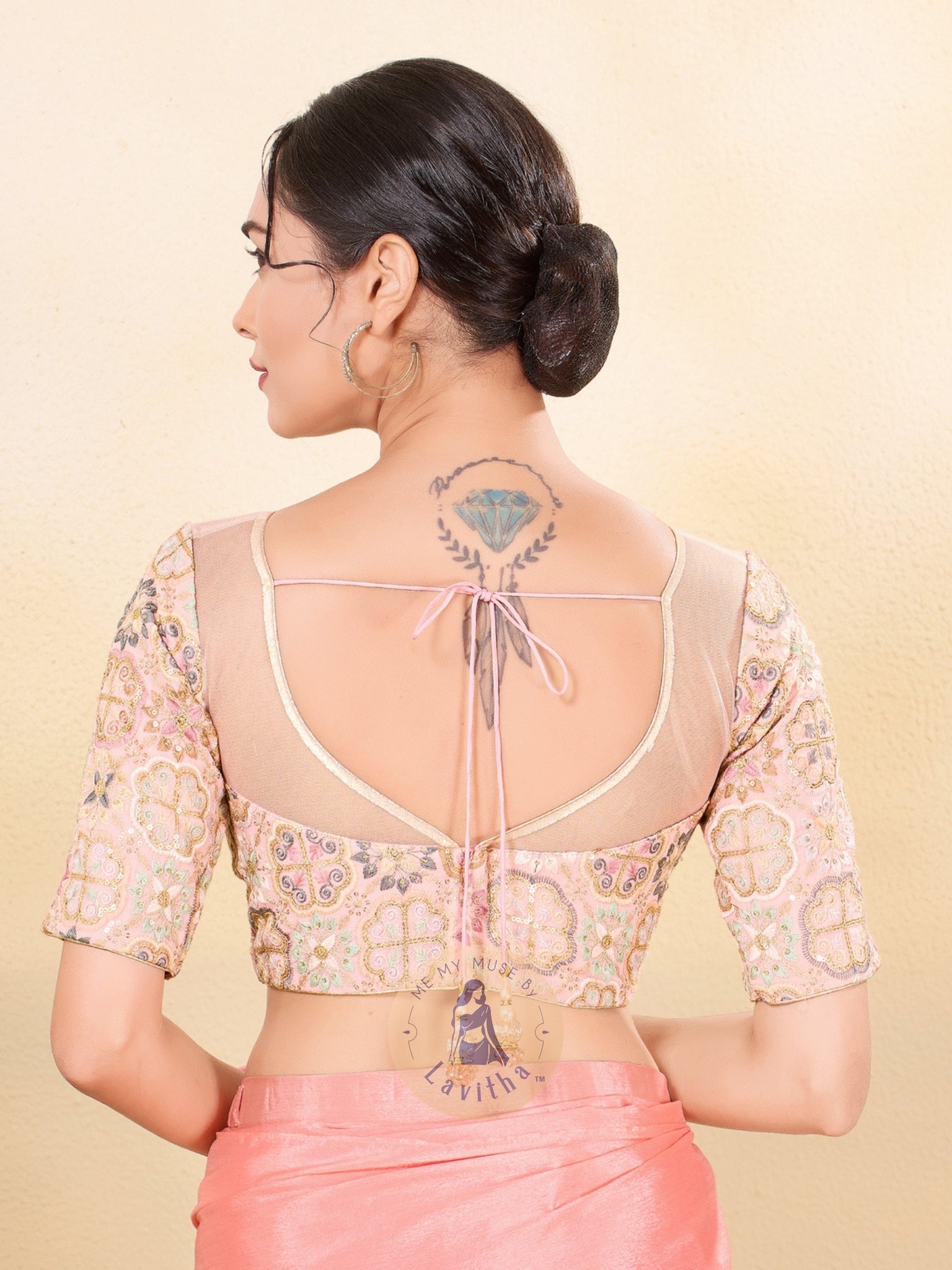 Peach Embroidered Net Sweetheart-Neck Blouse