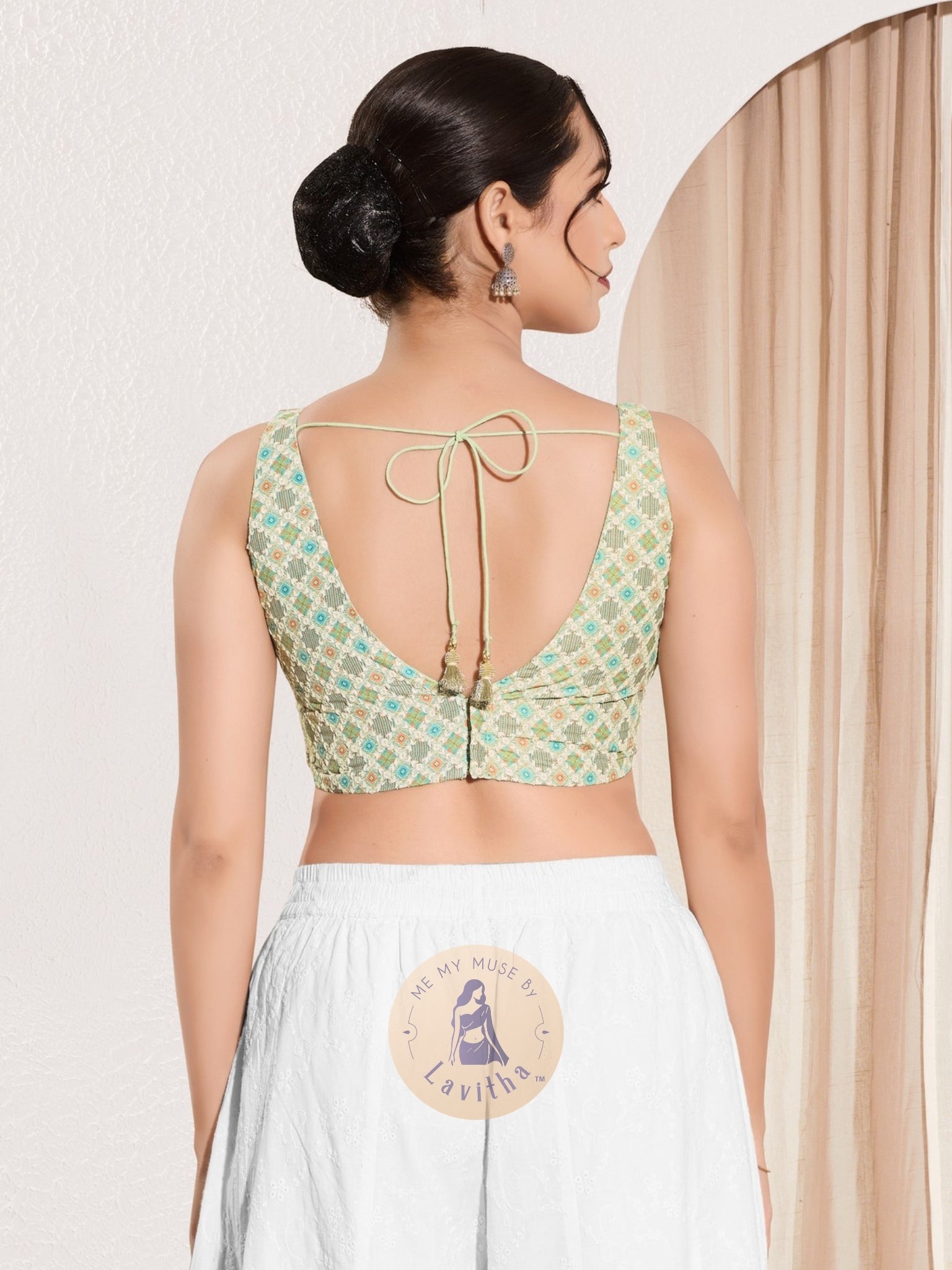 Pista Green Jacquard Sleeveless Padded V-Neck Blouse
