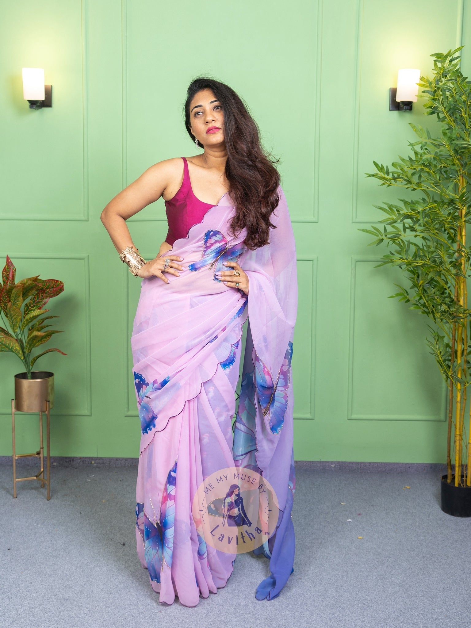 Our muse in a bollywood-style glamorous purple chiffon saree with butterfly katdana work with ready-to-wear Purple brocade blouse perfect for parties and dinner dates exclusively from Me My Muse by Lavitha