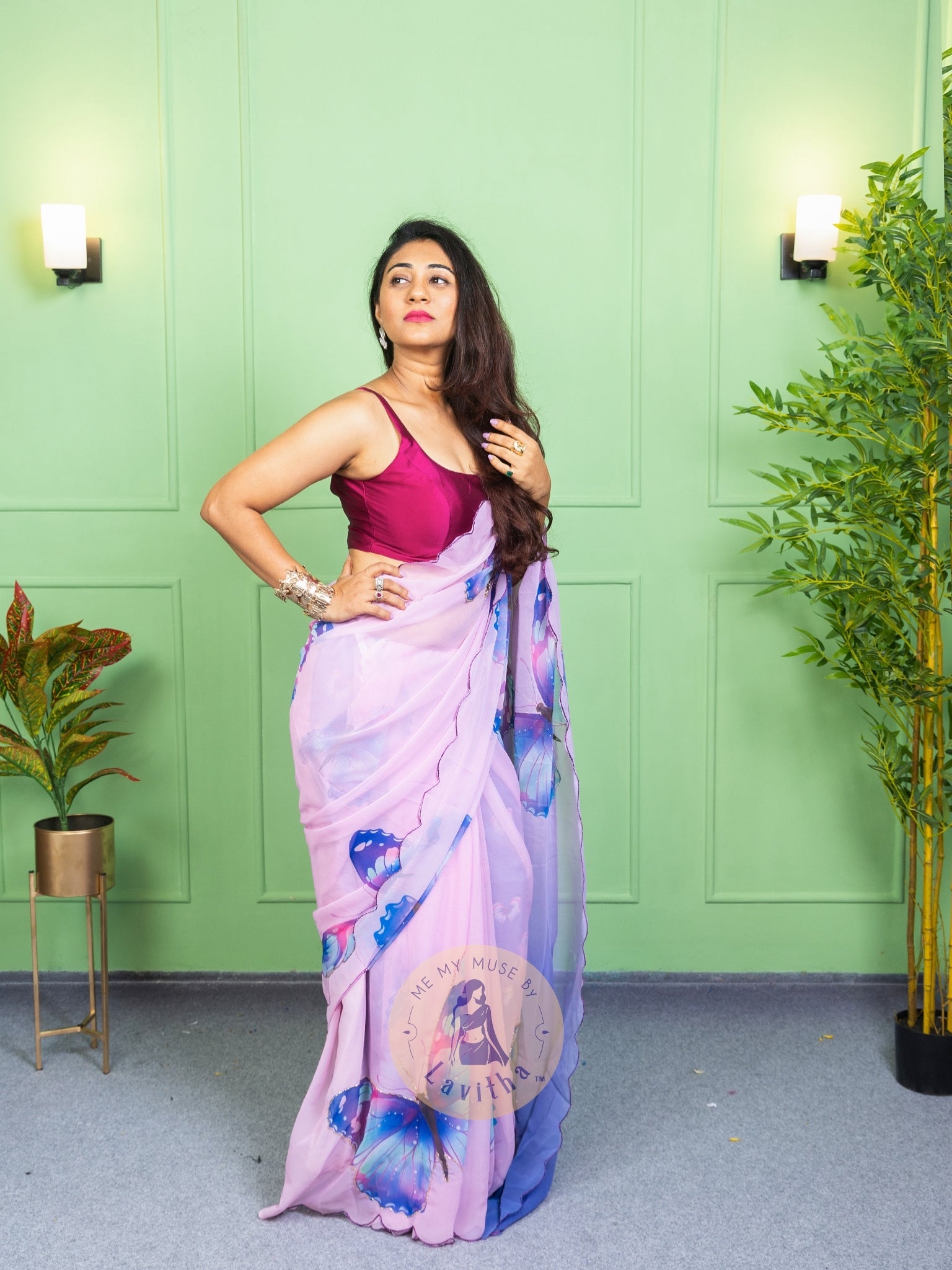 Our muse in a bollywood-style glamorous purple chiffon saree with butterfly katdana work with ready-to-wear Purple brocade blouse perfect for parties and dinner dates exclusively from Me My Muse by Lavitha