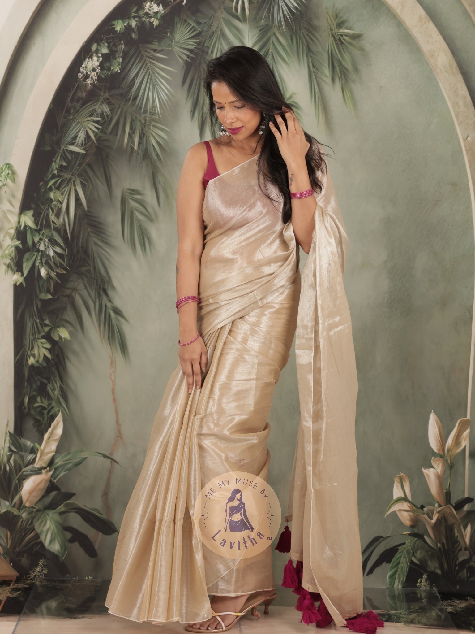 Bombshell Creamy Gold Tissue Saree with Fuschia Pink Tassels