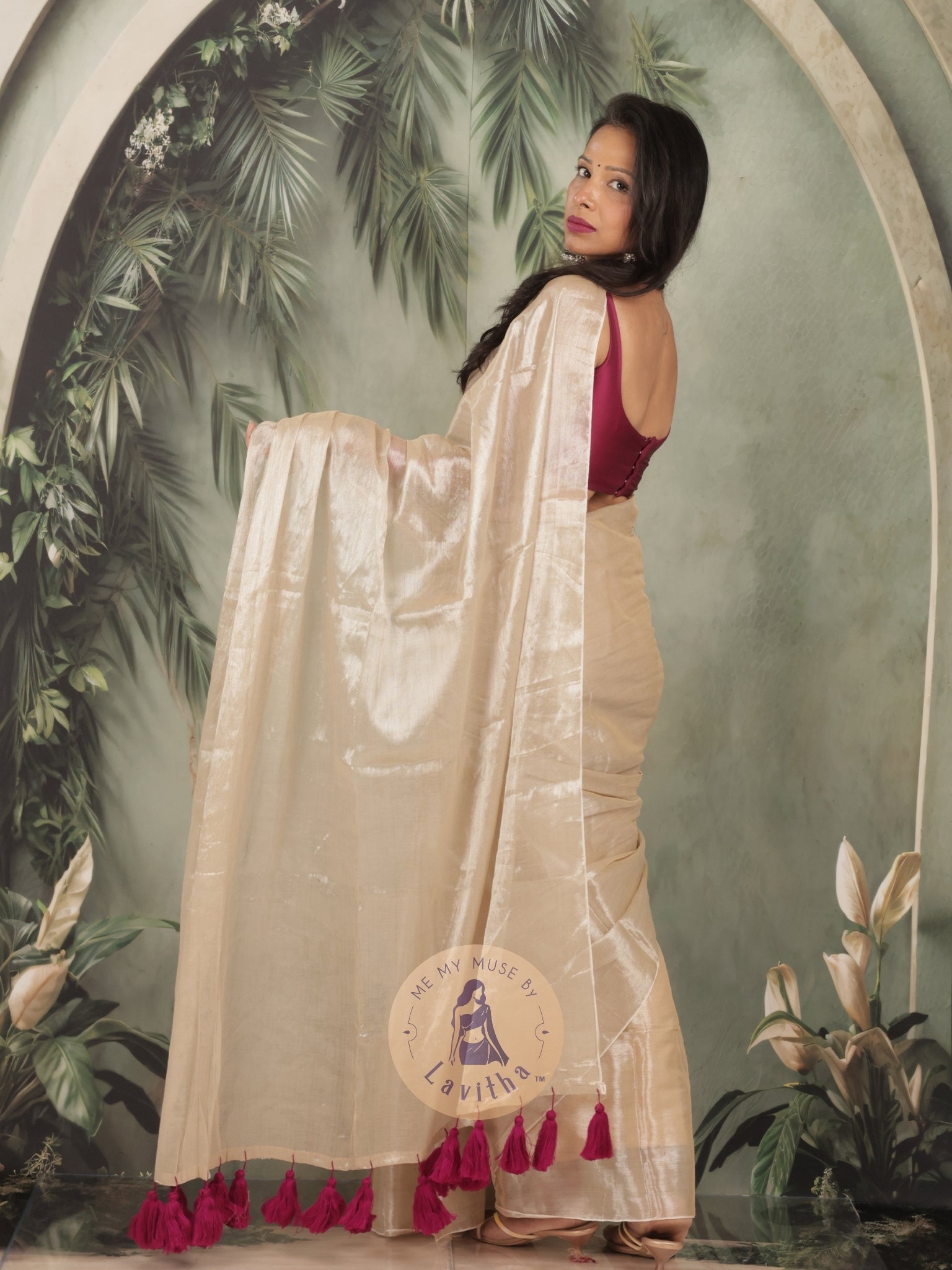 Bombshell Creamy Gold Tissue Saree with Fuschia Pink Tassels