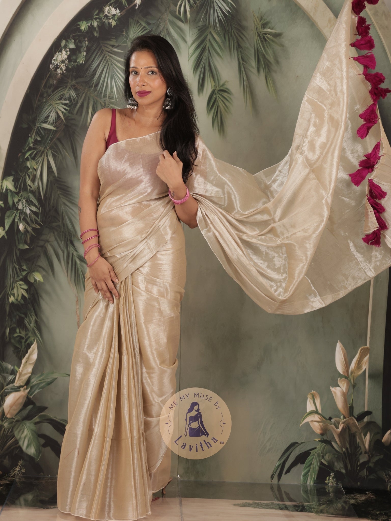 Bombshell Creamy Gold Tissue Saree with Fuschia Pink Tassels