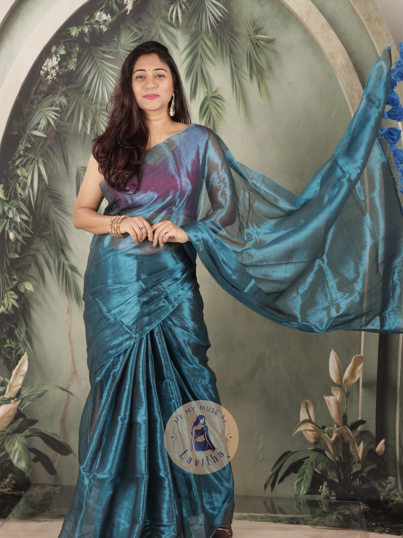 Bombshell Magnetic Blue Tissue Saree with Midnight Blue Tassels