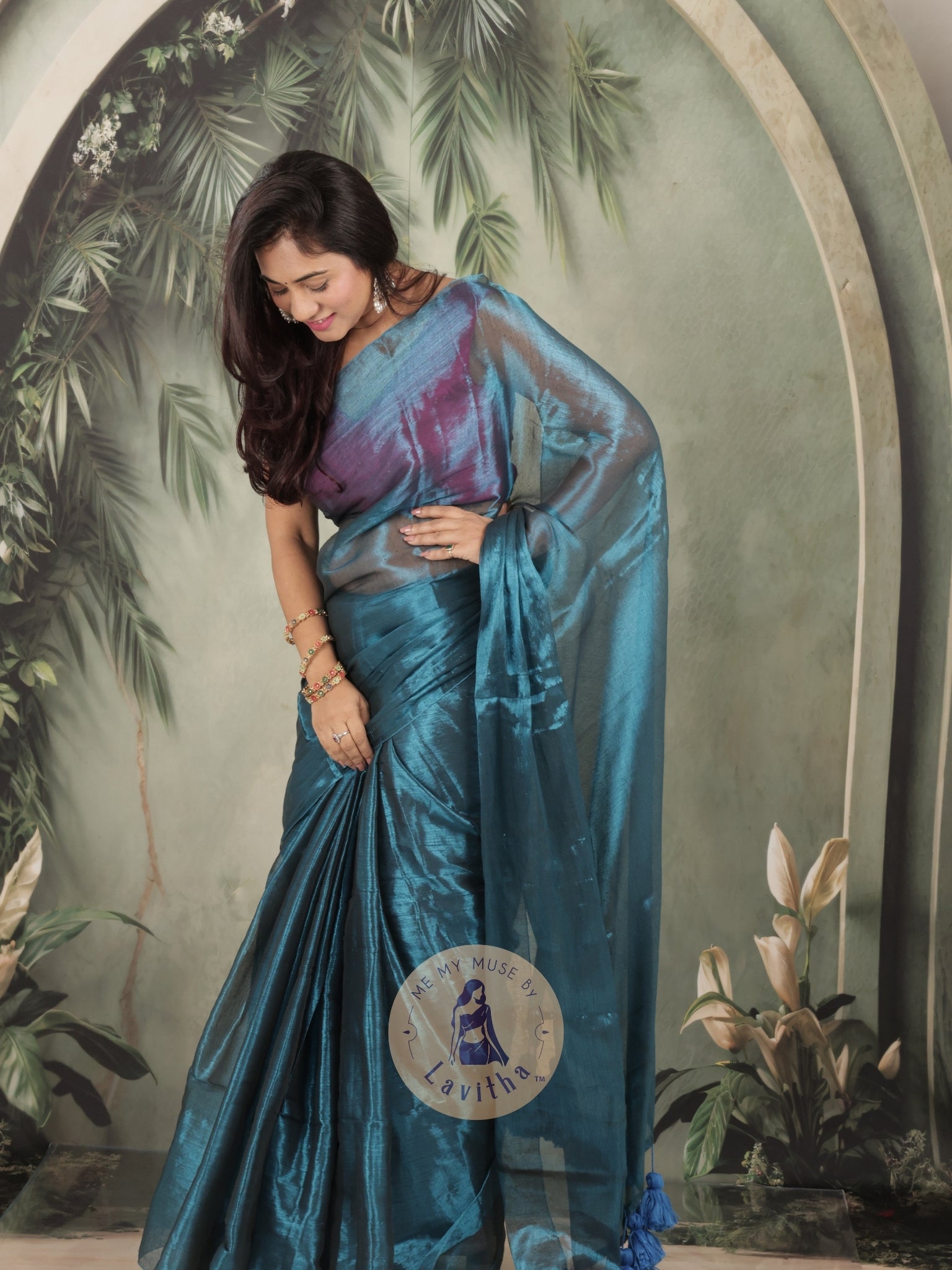Bombshell Magnetic Blue Tissue Saree with Midnight Blue Tassels