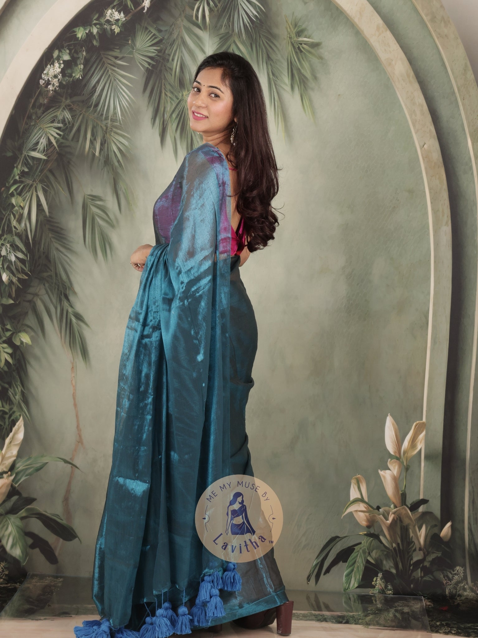 Bombshell Magnetic Blue Tissue Saree with Midnight Blue Tassels