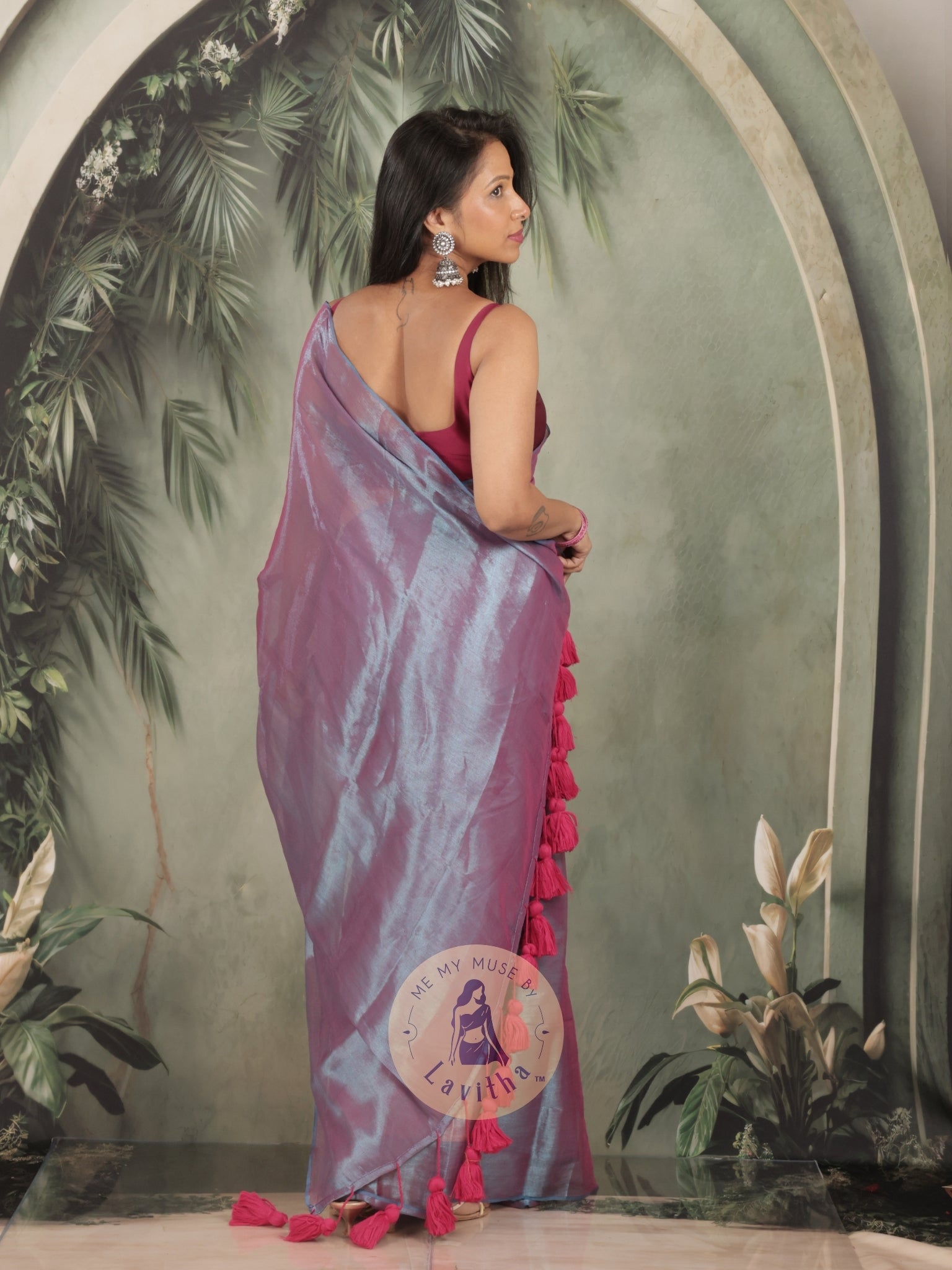 Bombshell Magnetic Purple Tissue Saree with Fuschia Pink Tassels