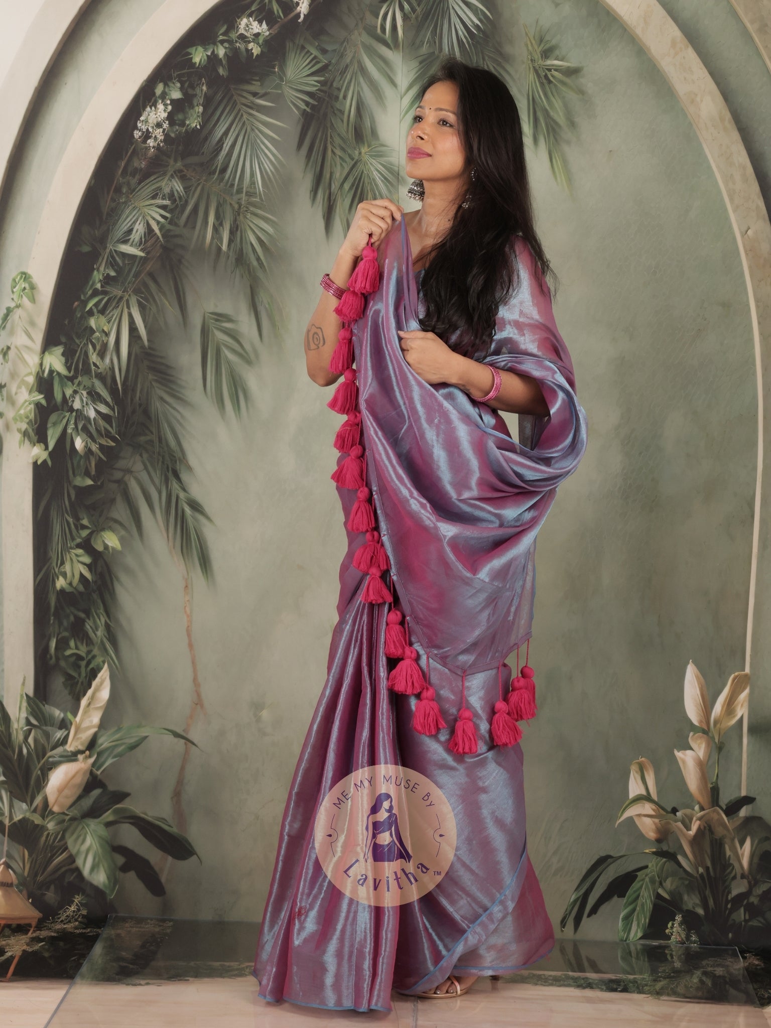 Bombshell Magnetic Purple Tissue Saree with Fuschia Pink Tassels