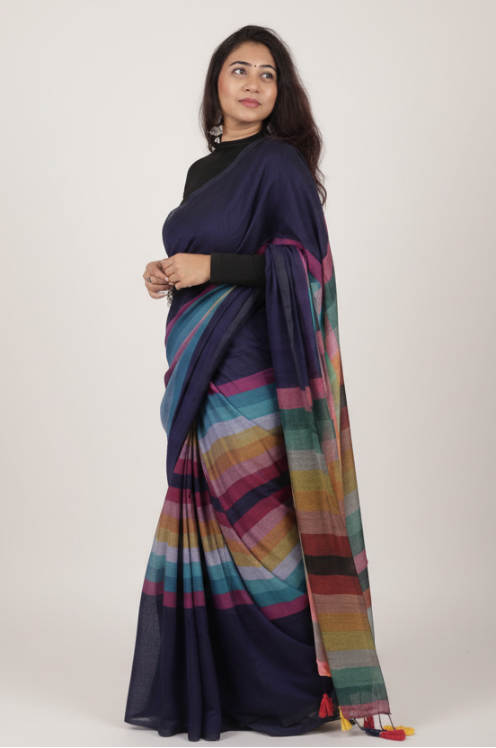 BossBabe Blue Mul Cotton with Geometric Design Pallu