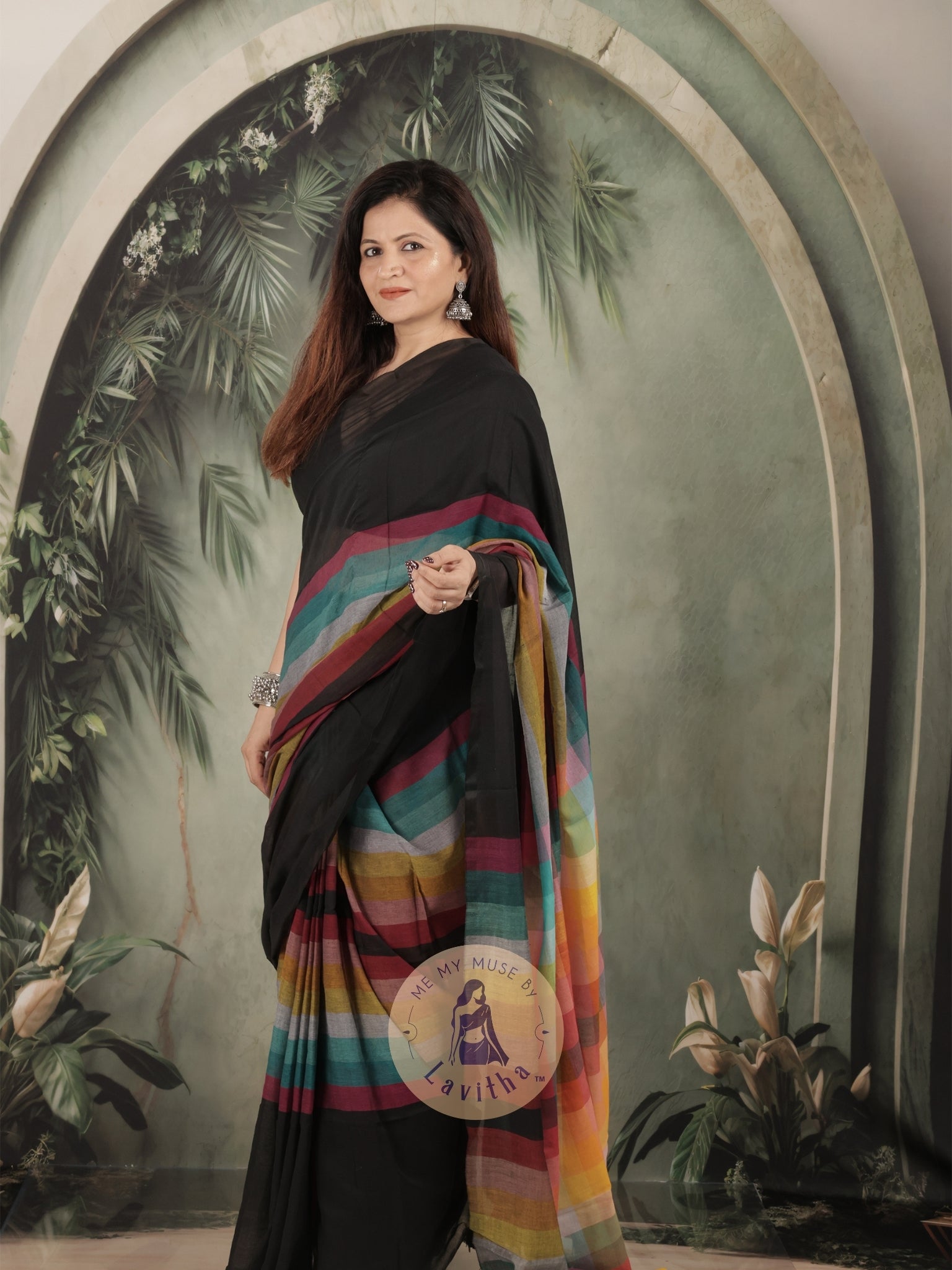 BossBabe Black Mul Cotton with Geometric Design Pallu