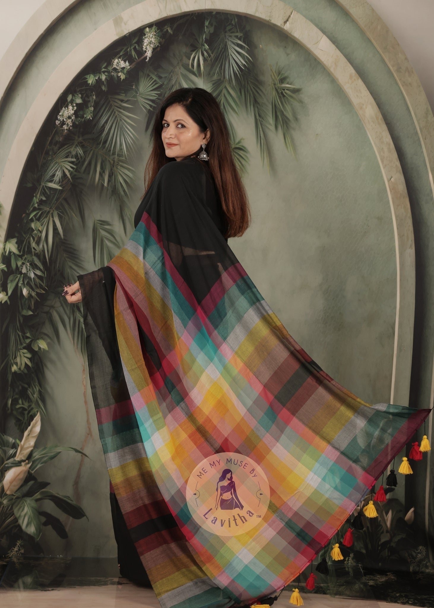 BossBabe Black Mul Cotton with Geometric Design Pallu