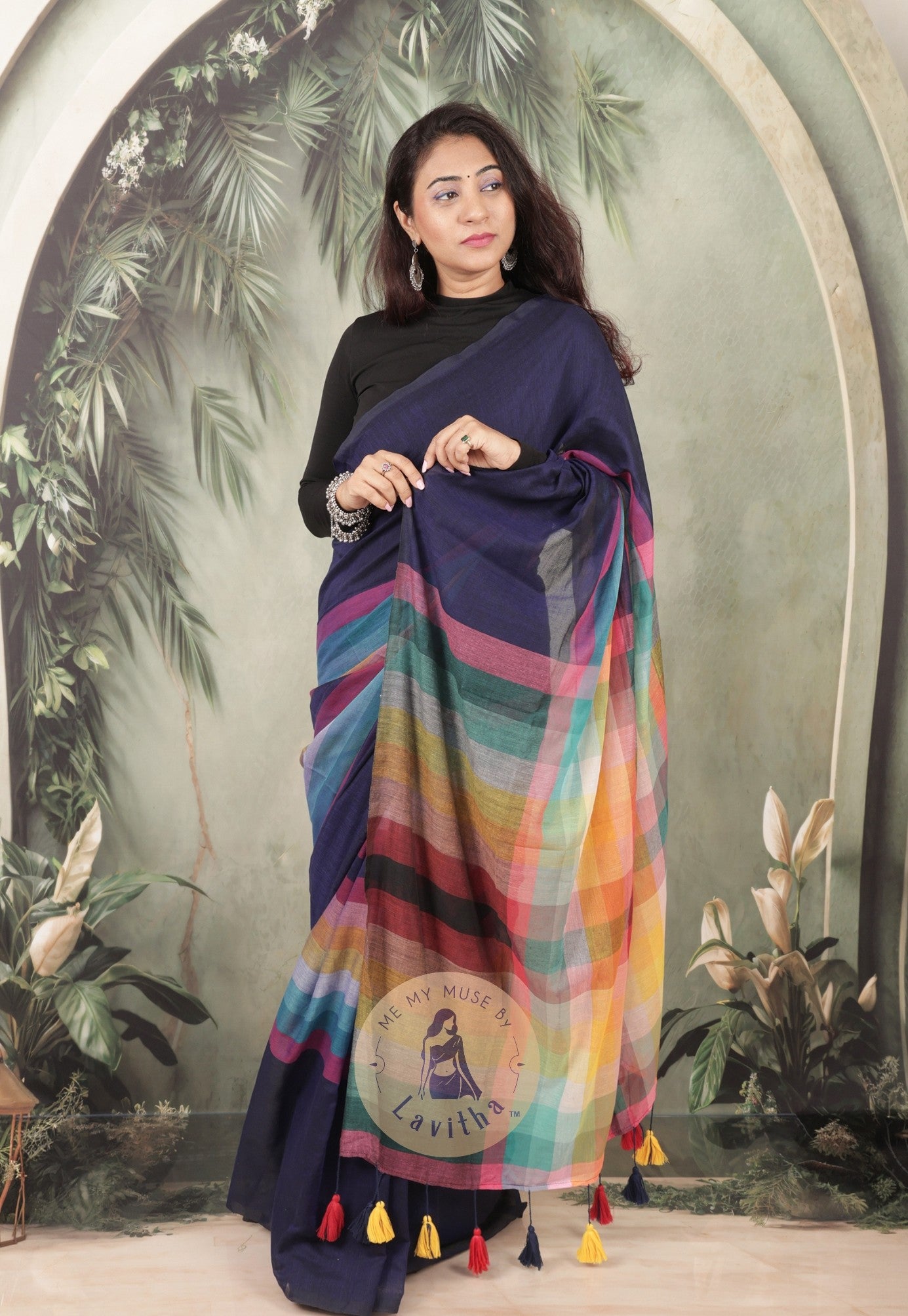BossBabe Blue Mul Cotton with Geometric Design Pallu