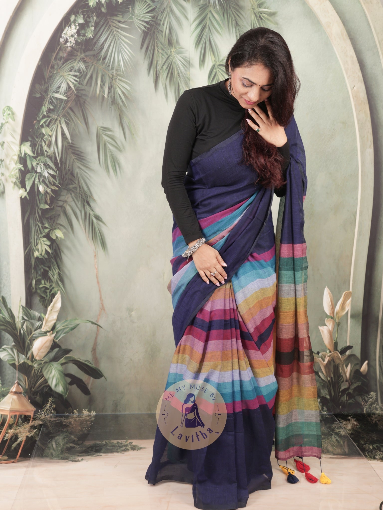 BossBabe Blue Mul Cotton with Geometric Design Pallu