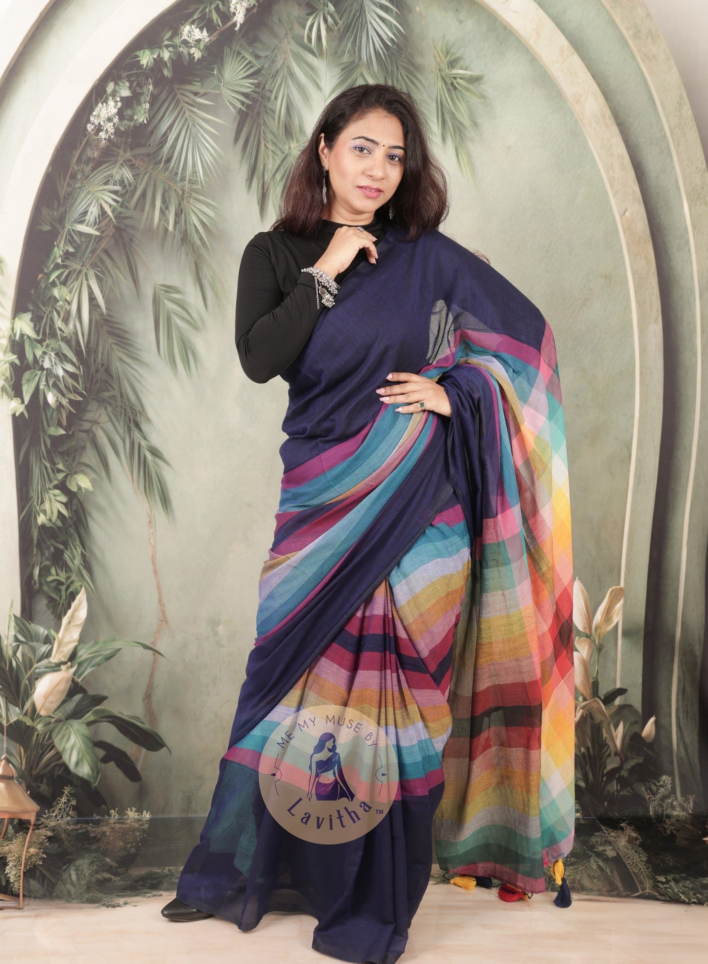 BossBabe Blue Mul Cotton with Geometric Design Pallu