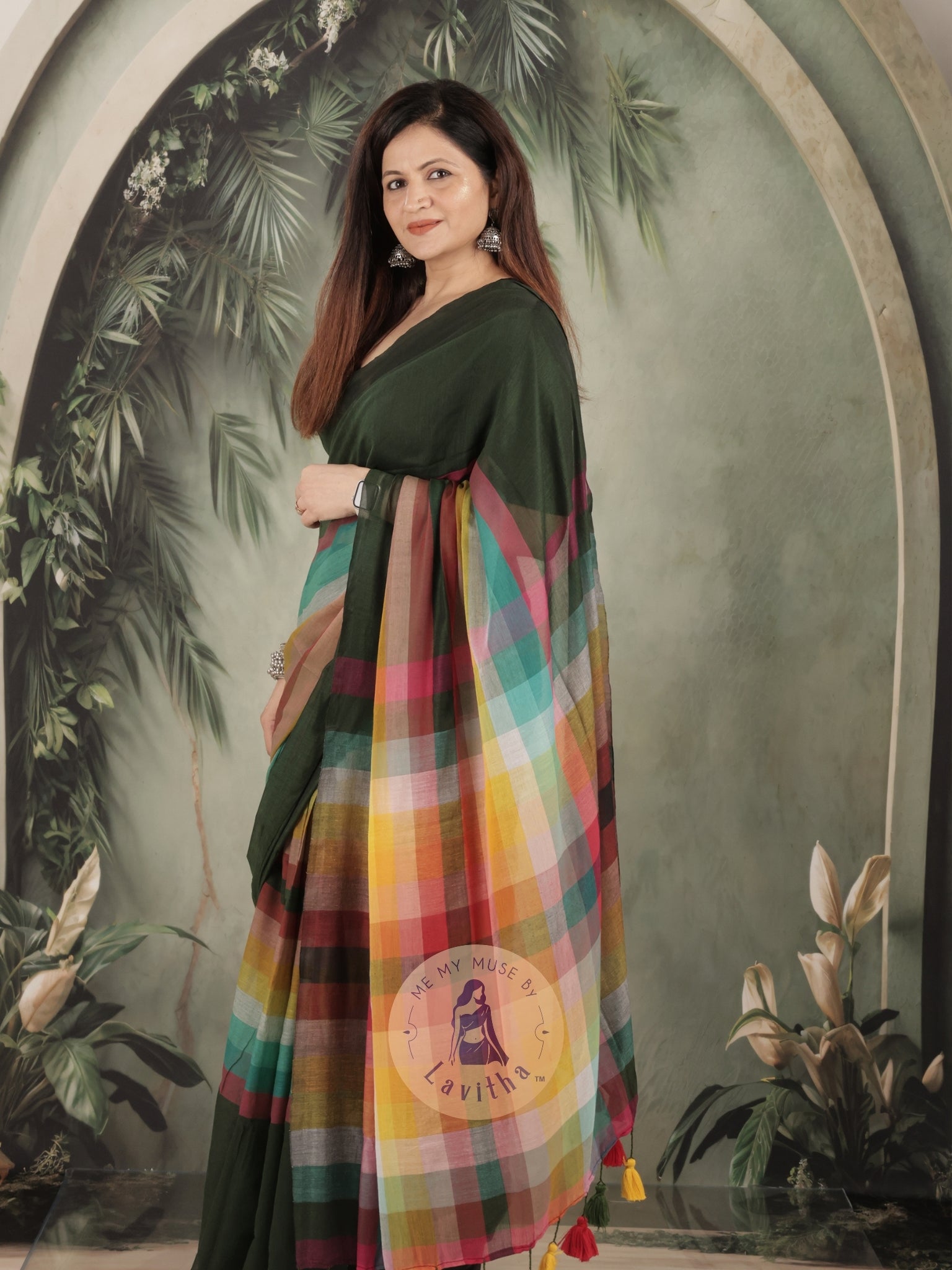 BossBabe Henna Green Mul Cotton with Geometric Design Pallu