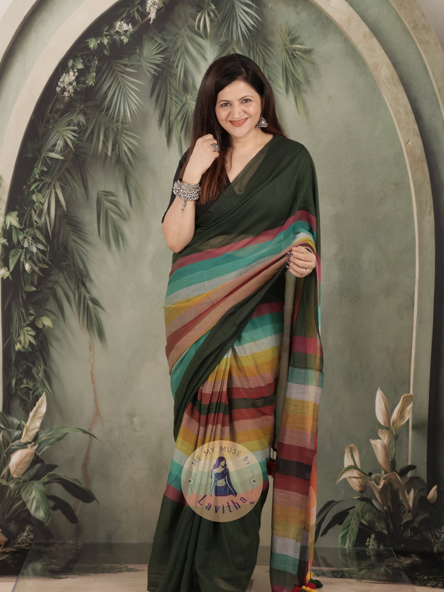 BossBabe Henna Green Mul Cotton with Geometric Design Pallu