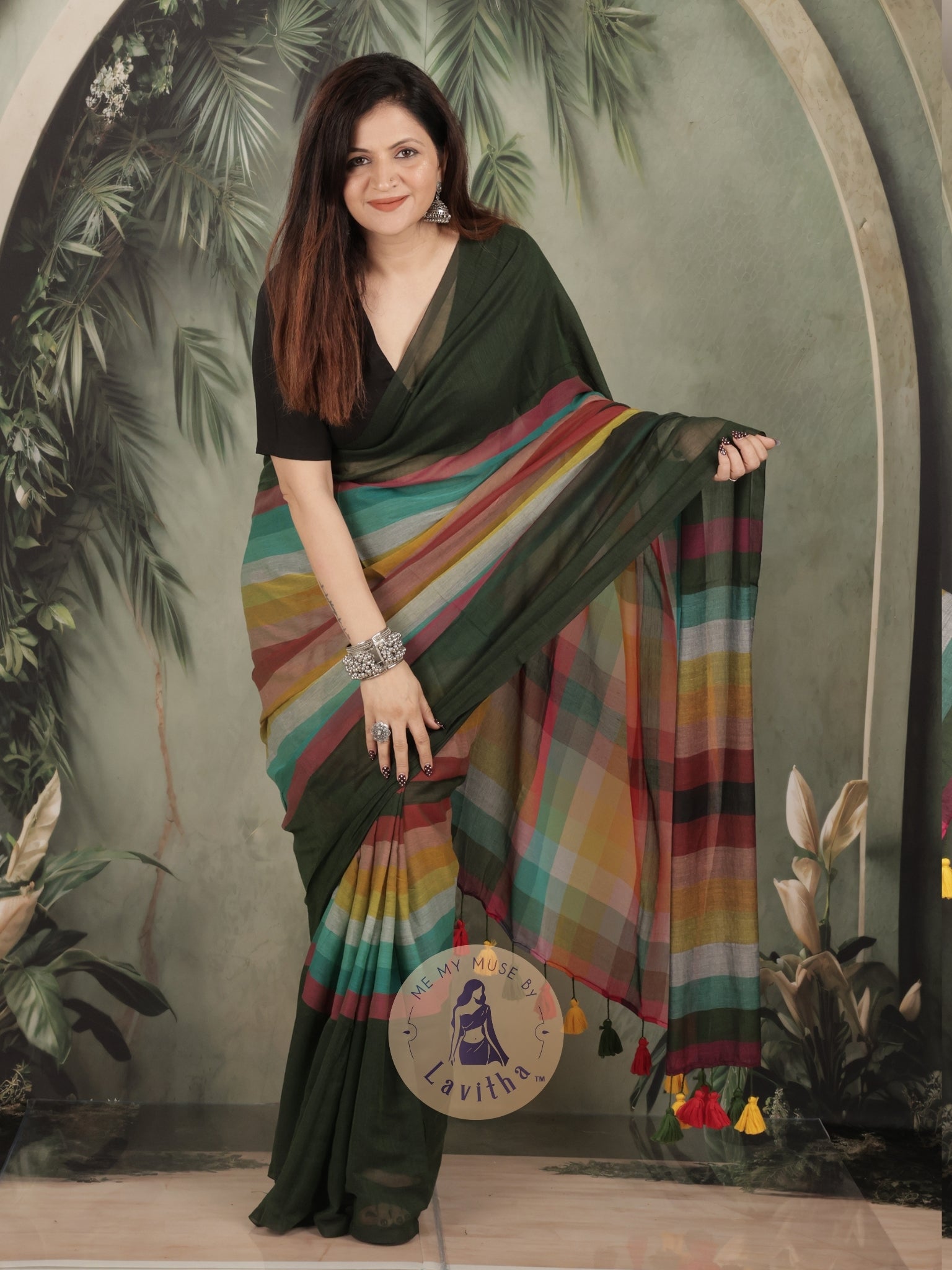 BossBabe Henna Green Mul Cotton with Geometric Design Pallu