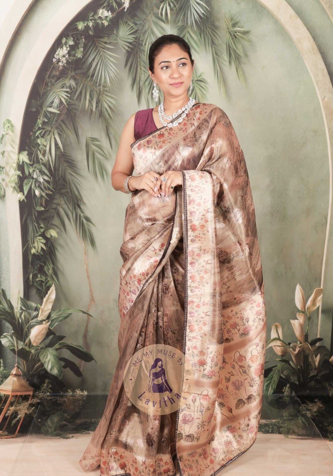 Dilqash Brown Satin Crystal Work Saree