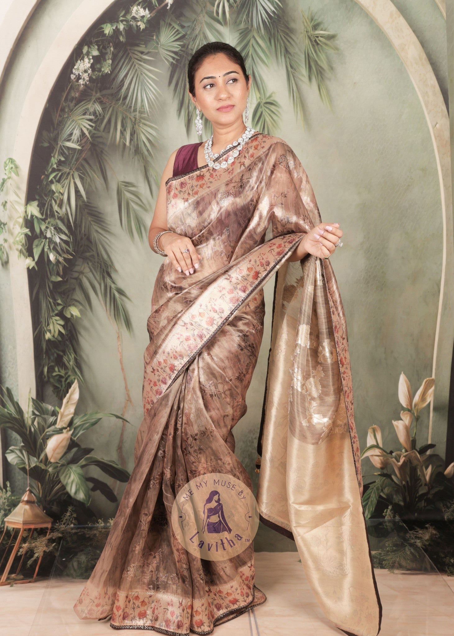 Dilqash Brown Satin Crystal Work Saree