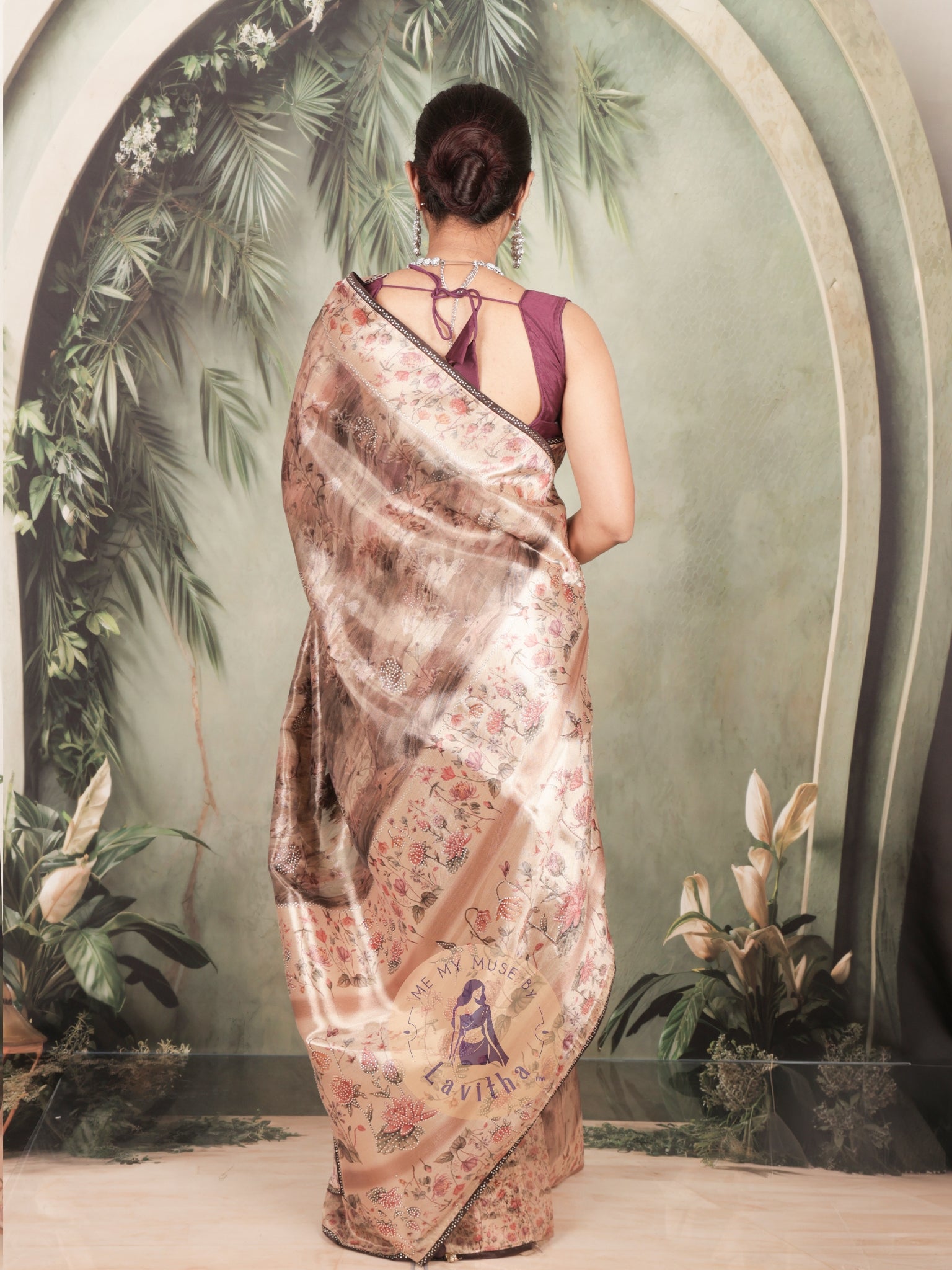 Dilqash Brown Satin Crystal Work Saree