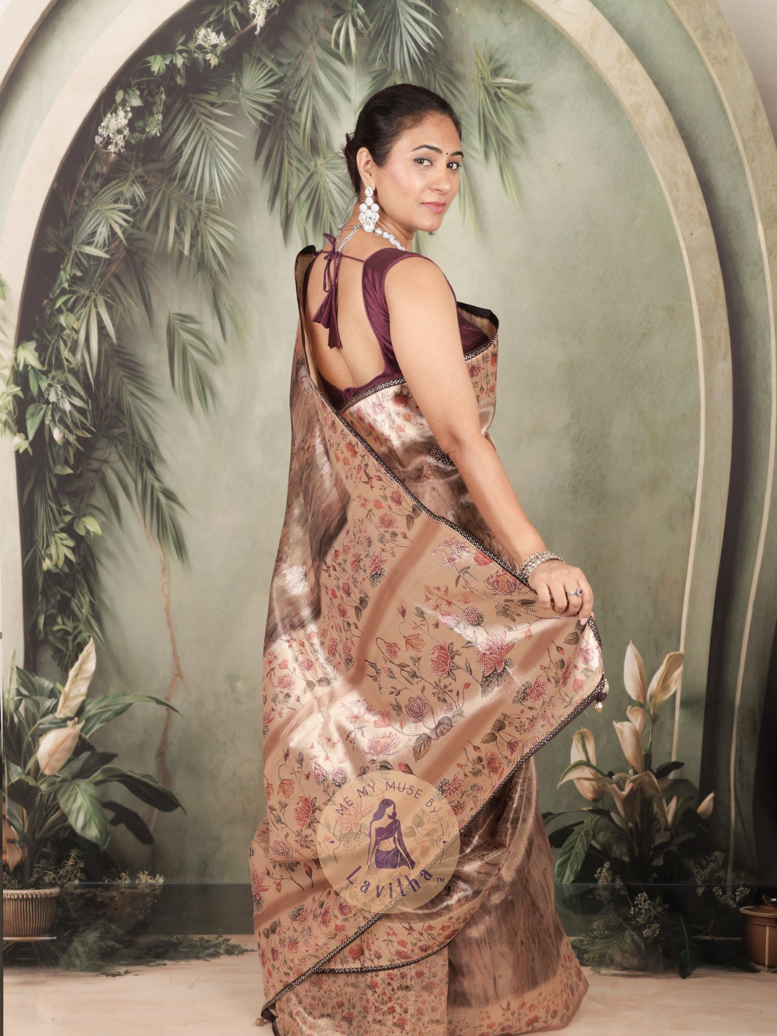 Dilqash Brown Satin Crystal Work Saree