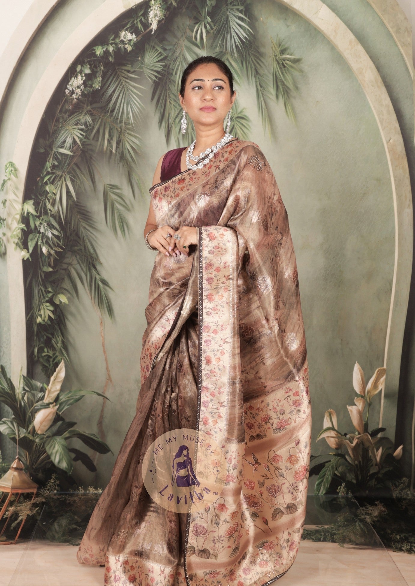 Dilqash Brown Satin Crystal Work Saree