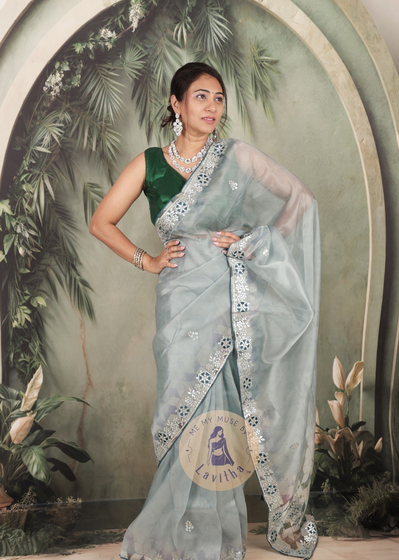 Dilqash Premium Organza Cloudy Grey Saree with Gota Patti Work