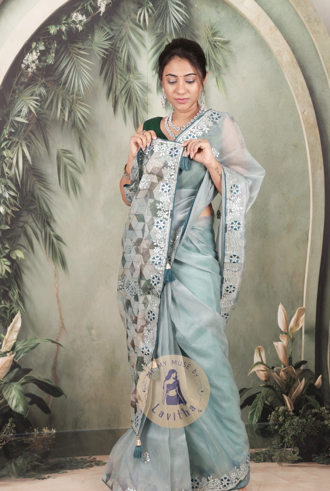 Dilqash Premium Organza Cloudy Grey Saree with Gota Patti Work