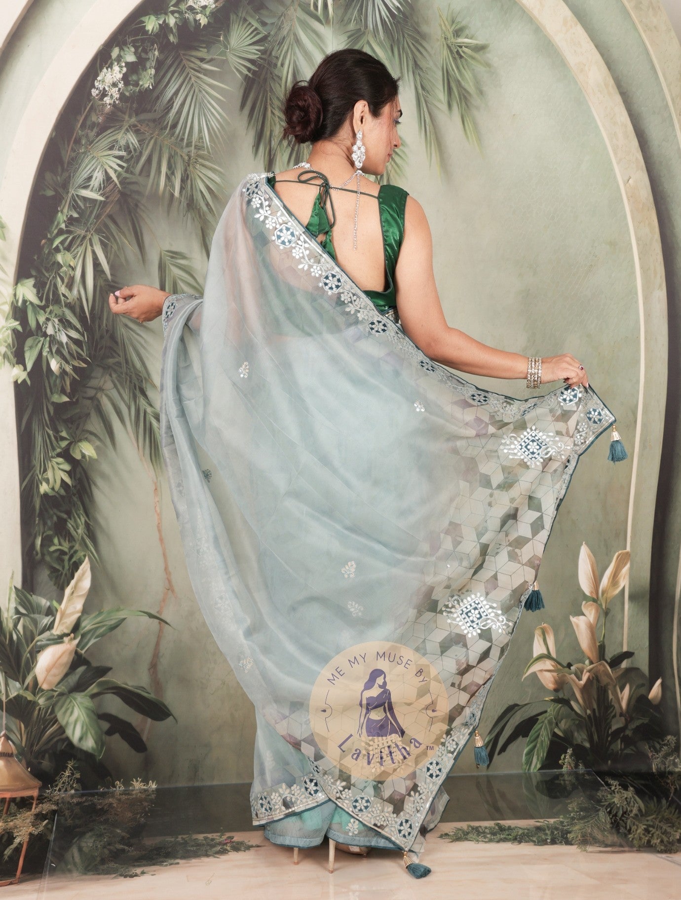 Dilqash Premium Organza Cloudy Grey Saree with Gota Patti Work