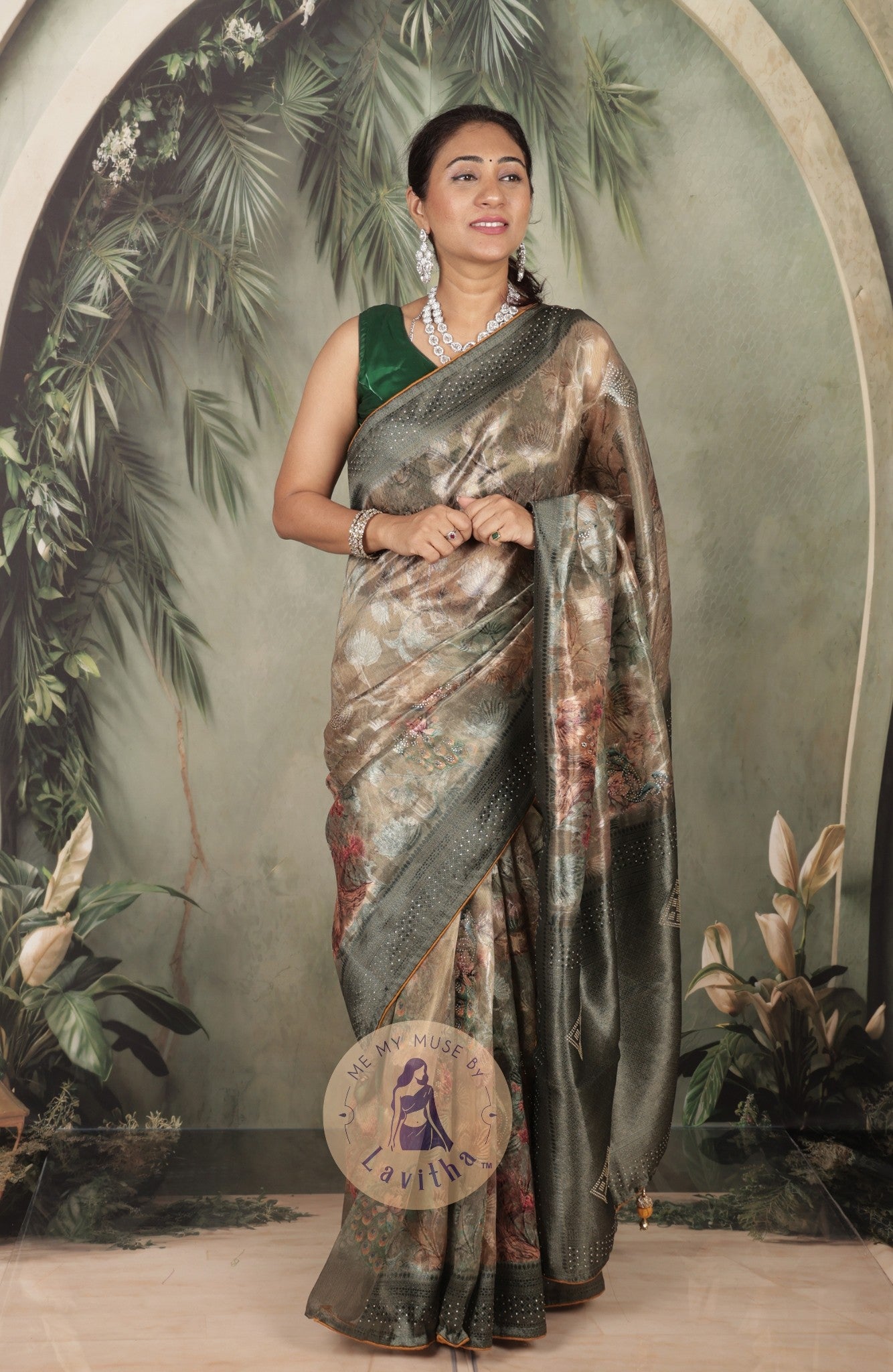 Dilqash Premium Green & Gold Peacock Crystal Work Saree
