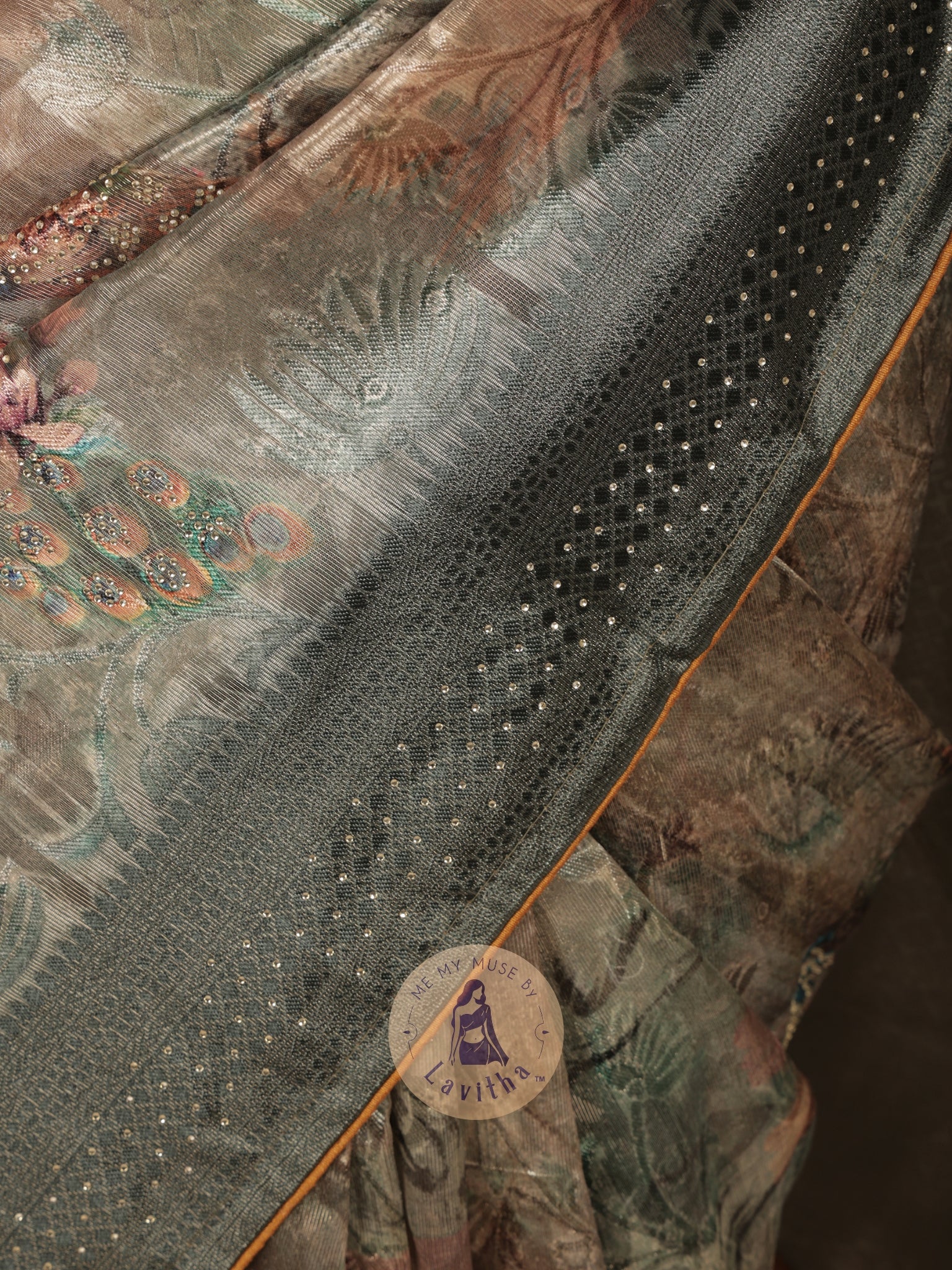 Dilqash Premium Green & Gold Peacock Crystal Work Saree