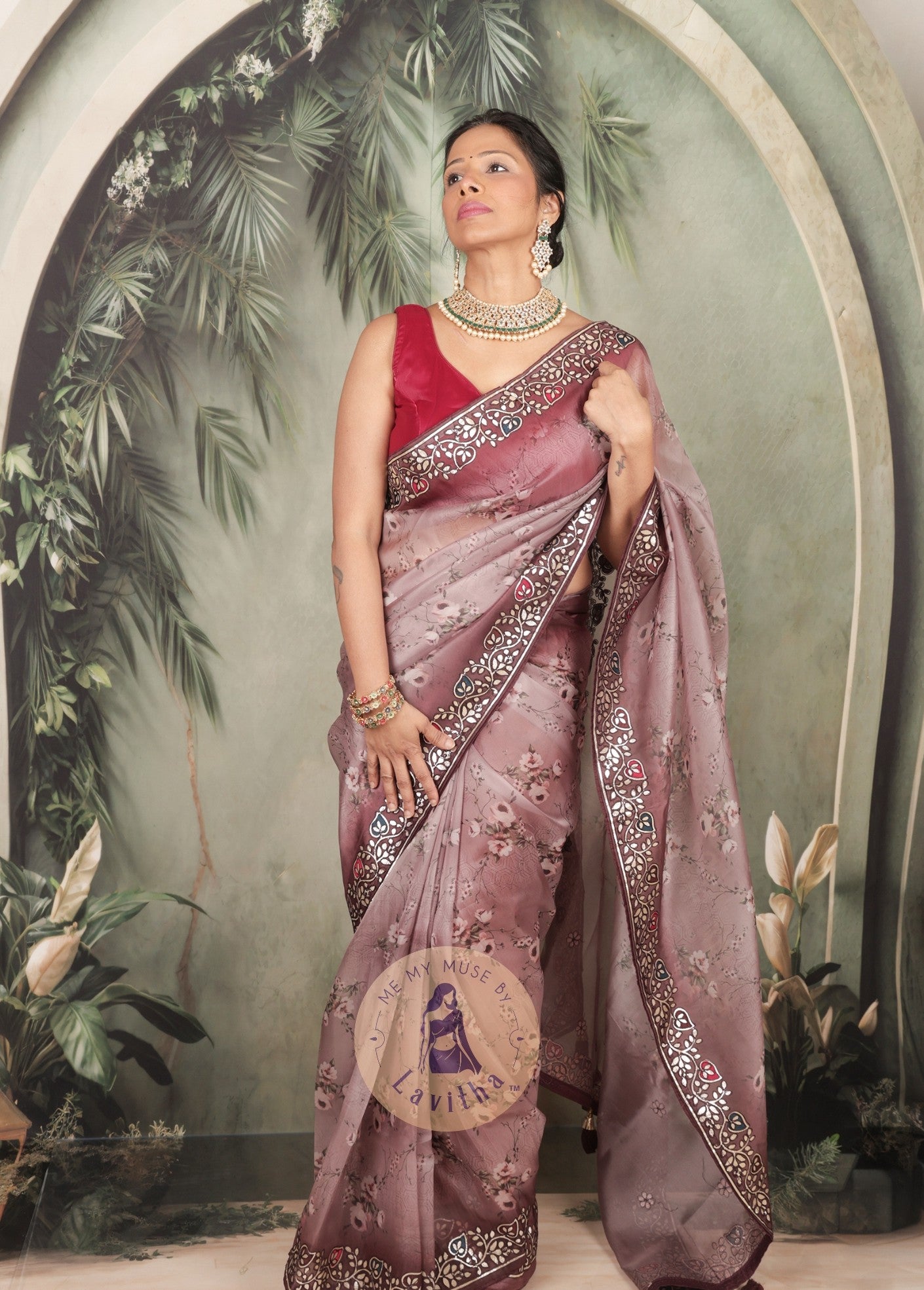 Dilqash Premium Organza Mauve Saree - Digital Floral Print - Gota Patti Work