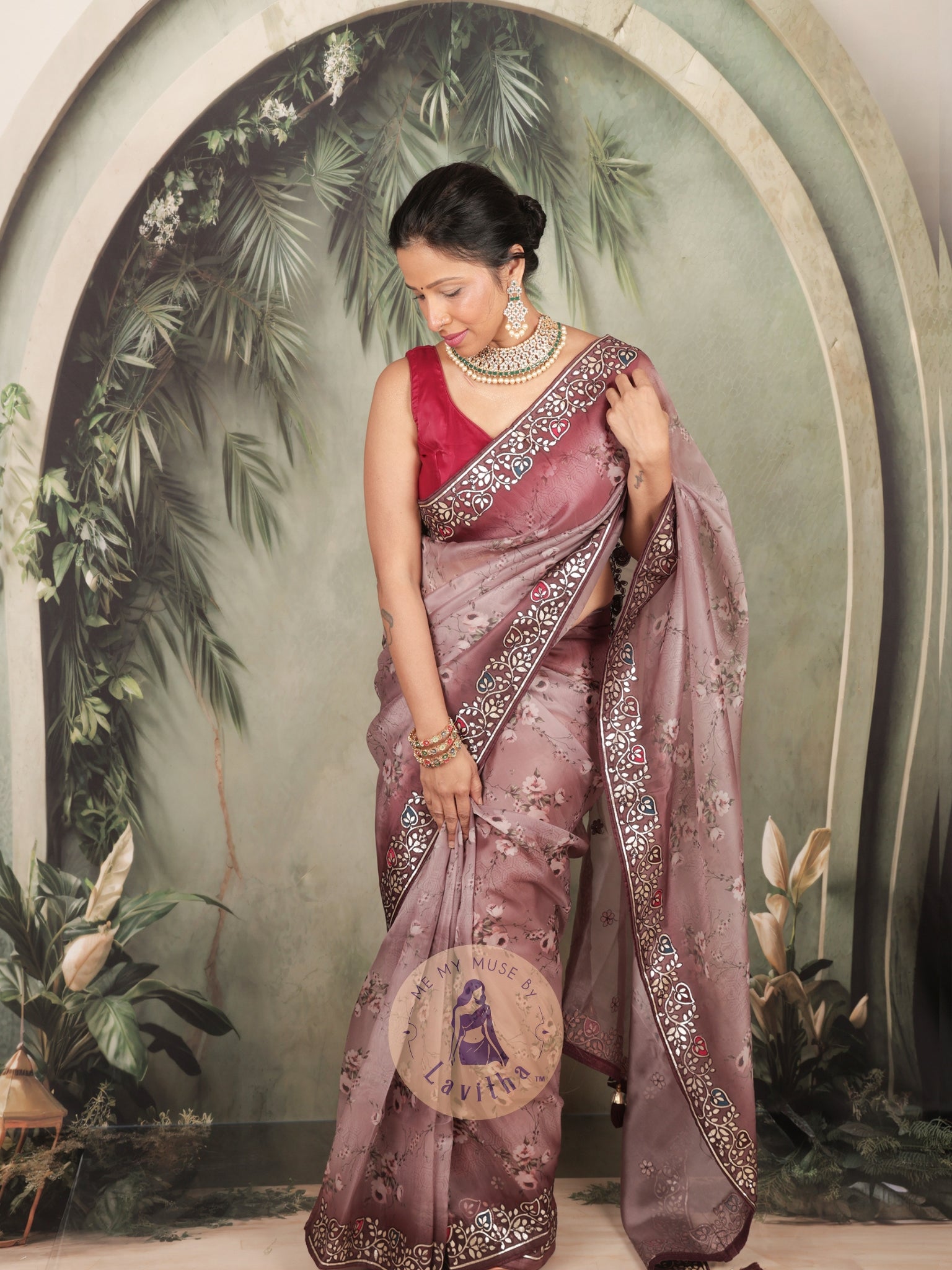 Dilqash Premium Organza Mauve Saree - Digital Floral Print - Gota Patti Work