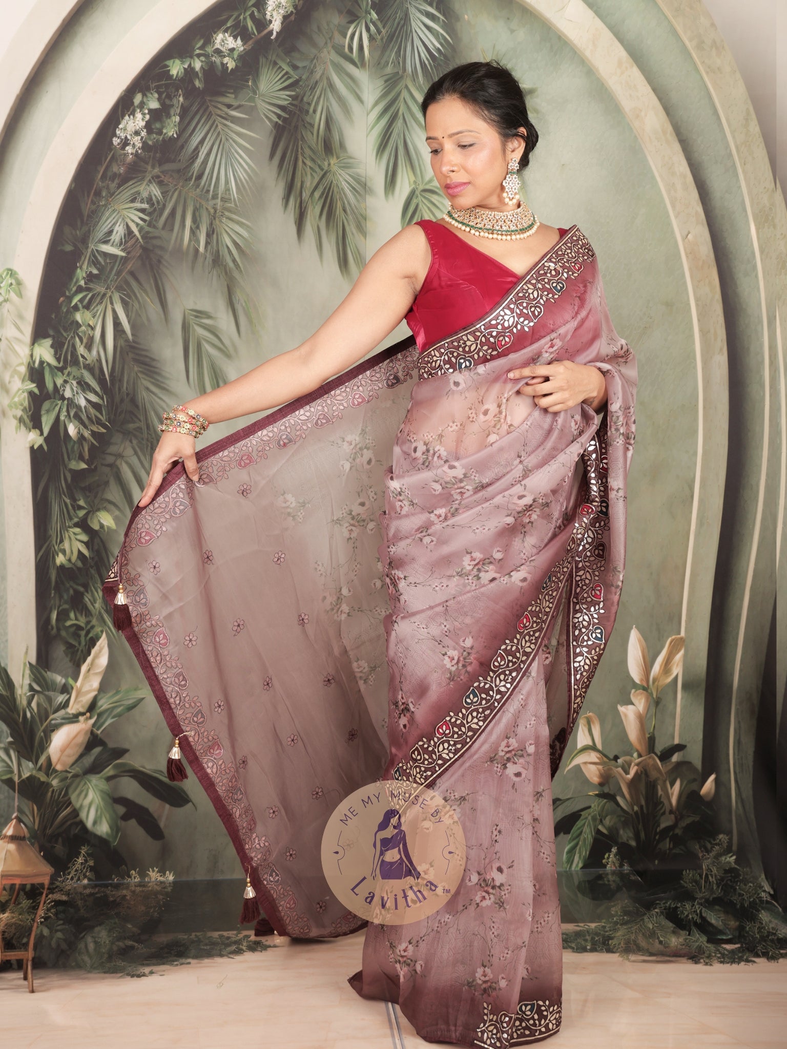 Dilqash Premium Organza Mauve Saree - Digital Floral Print - Gota Patti Work