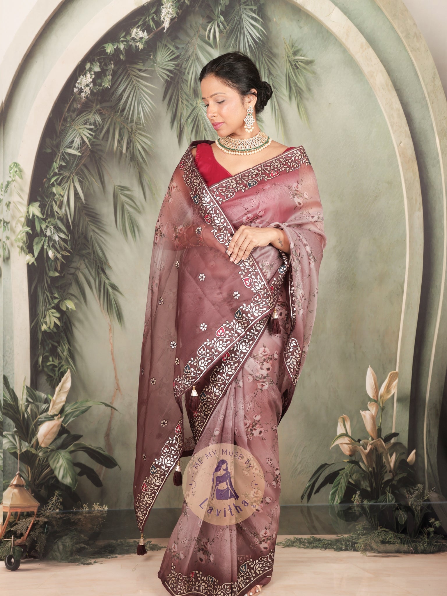 Dilqash Premium Organza Mauve Saree - Digital Floral Print - Gota Patti Work