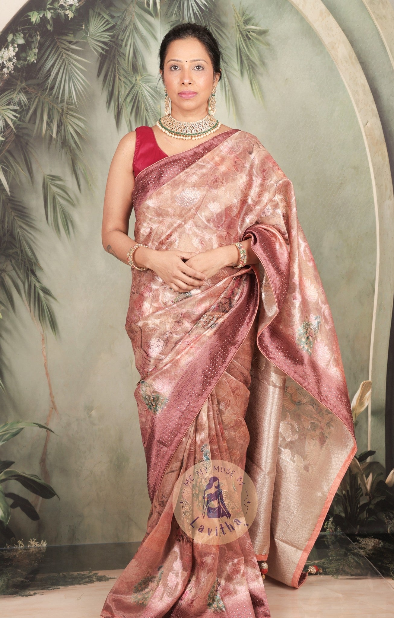 Dilqash Premium Pink & Gold Peacock Crystal Work Saree