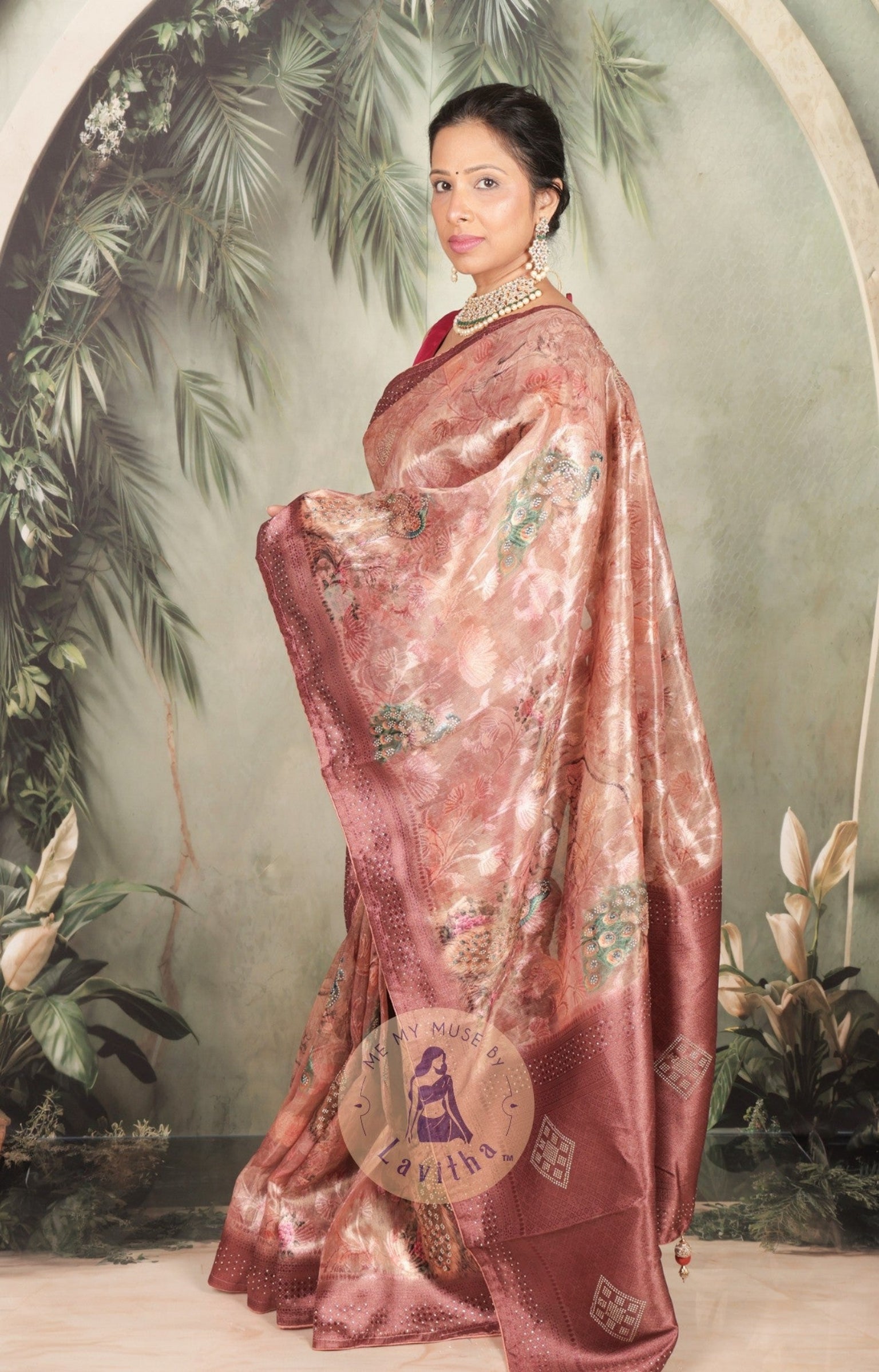 Dilqash Premium Pink & Gold Peacock Crystal Work Saree