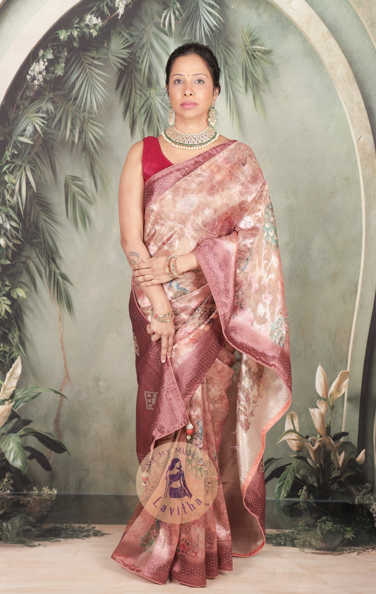 Dilqash Premium Pink & Gold Peacock Crystal Work Saree