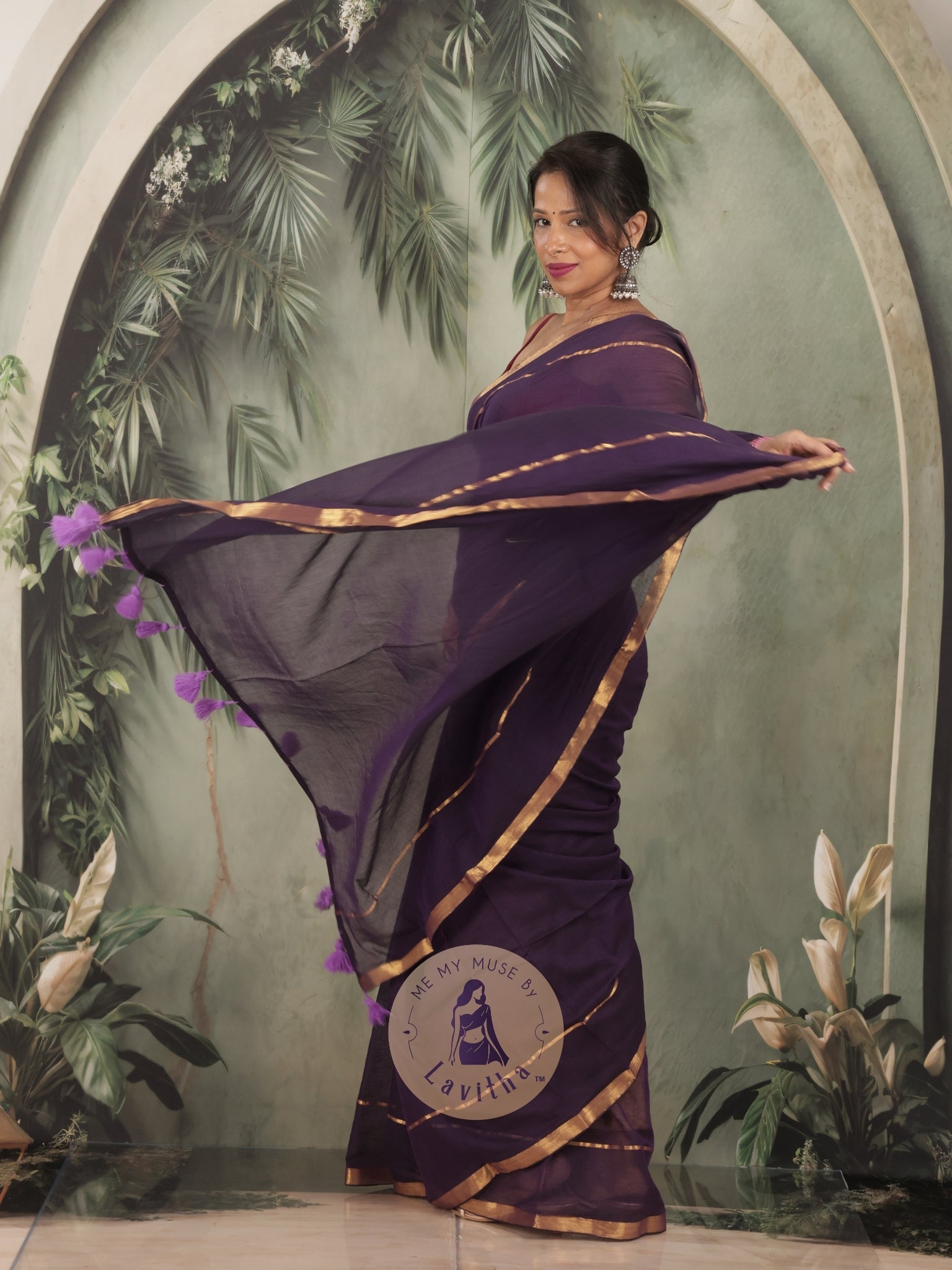 G-Siren Deep Purple Mul Cotton Saree with Gold Border