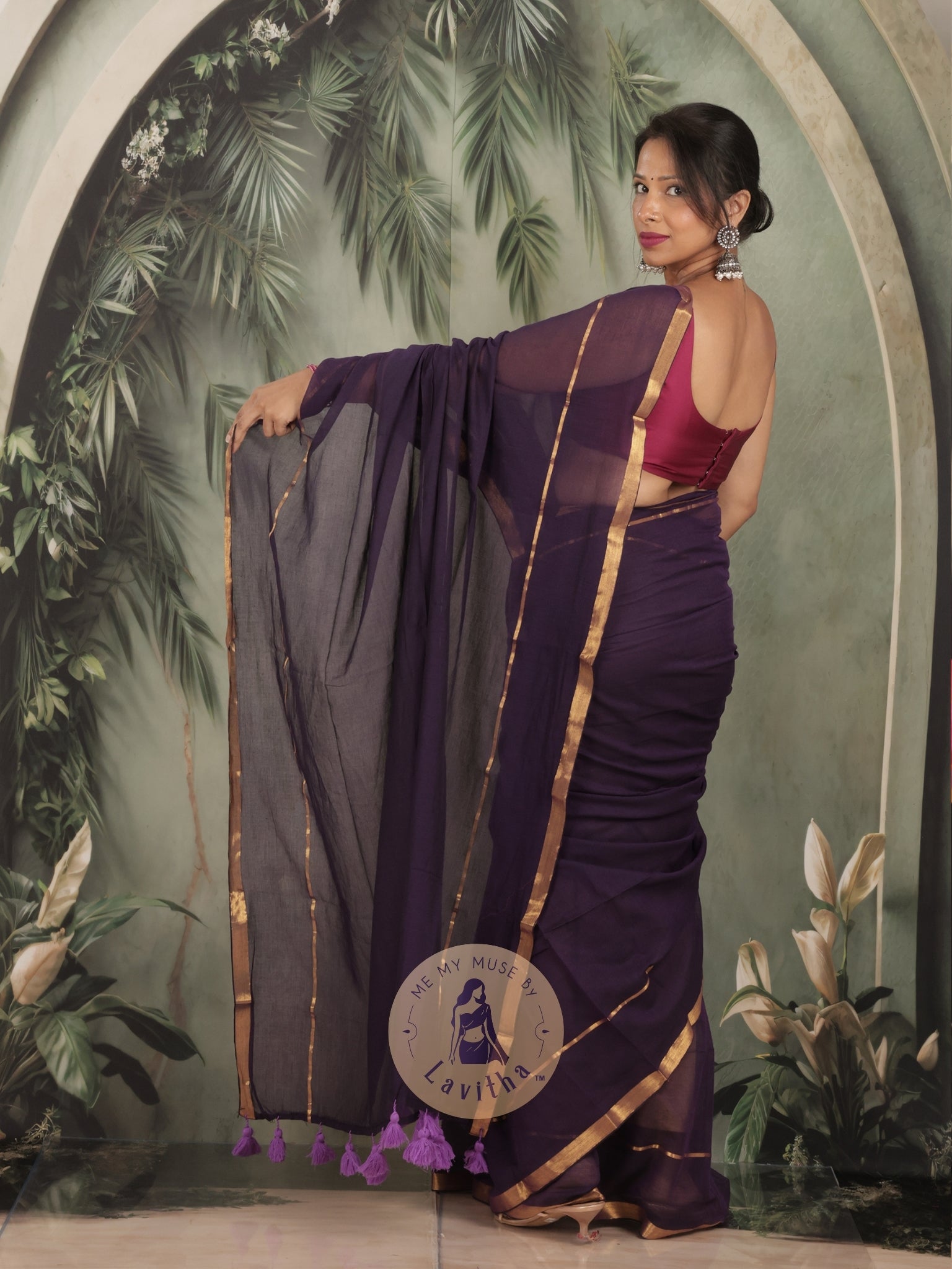 G-Siren Deep Purple Mul Cotton Saree with Gold Border