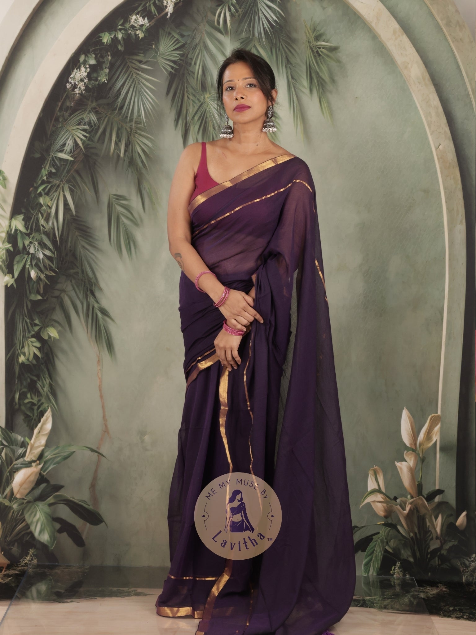 G-Siren Deep Purple Mul Cotton Saree with Gold Border