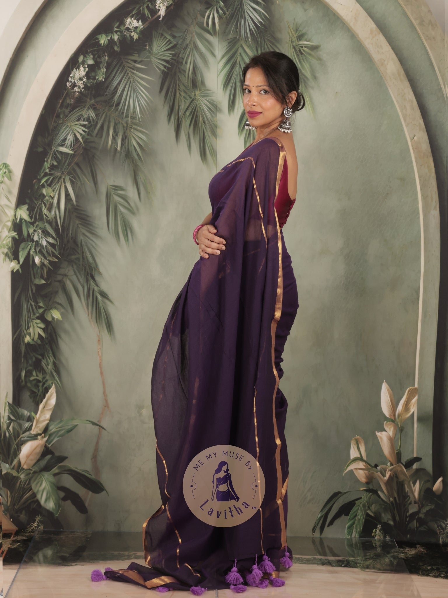 G-Siren Deep Purple Mul Cotton Saree with Gold Border