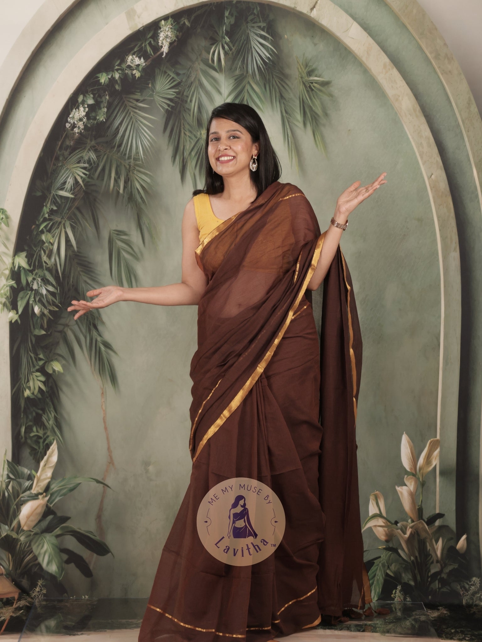 G-Siren Mocha Mul Cotton Saree with Gold Border
