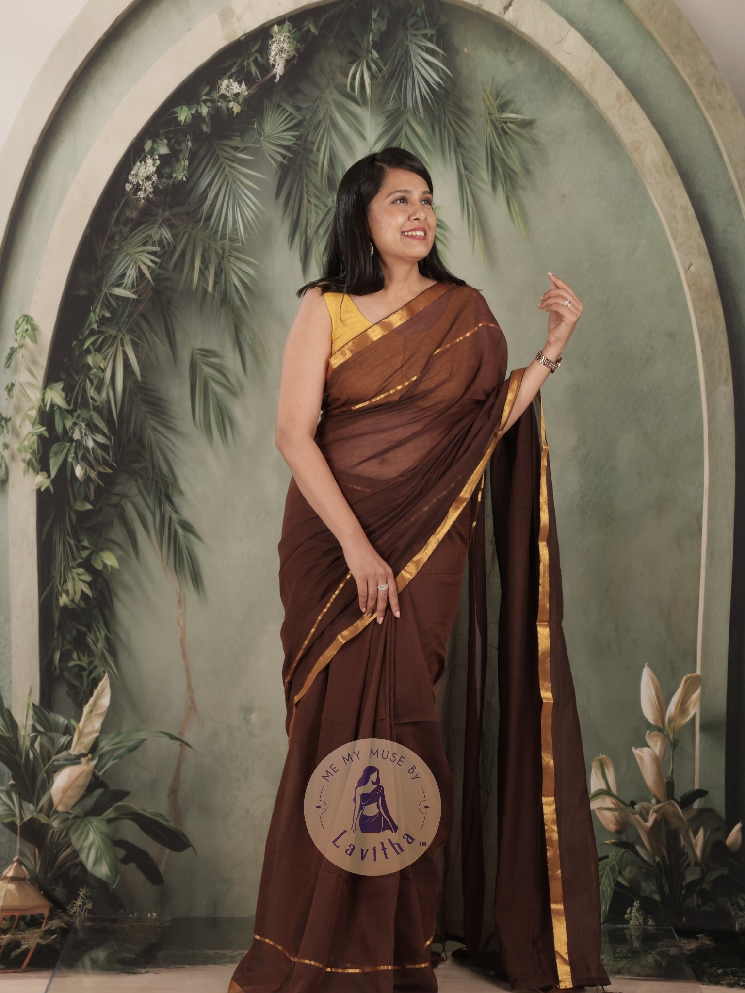 G-Siren Mocha Mul Cotton Saree with Gold Border