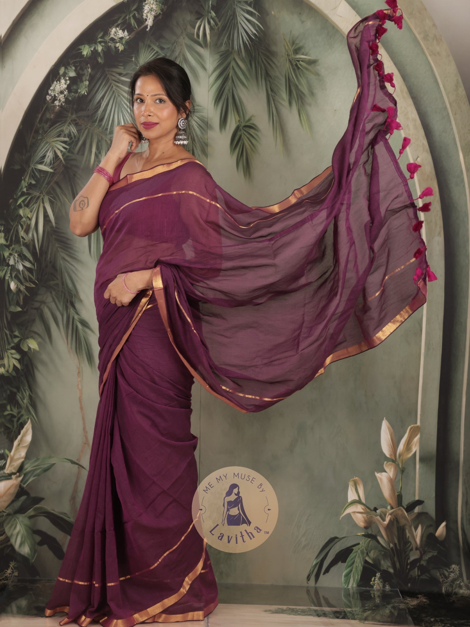 G-Siren Wine Mul Cotton Saree with Gold Border