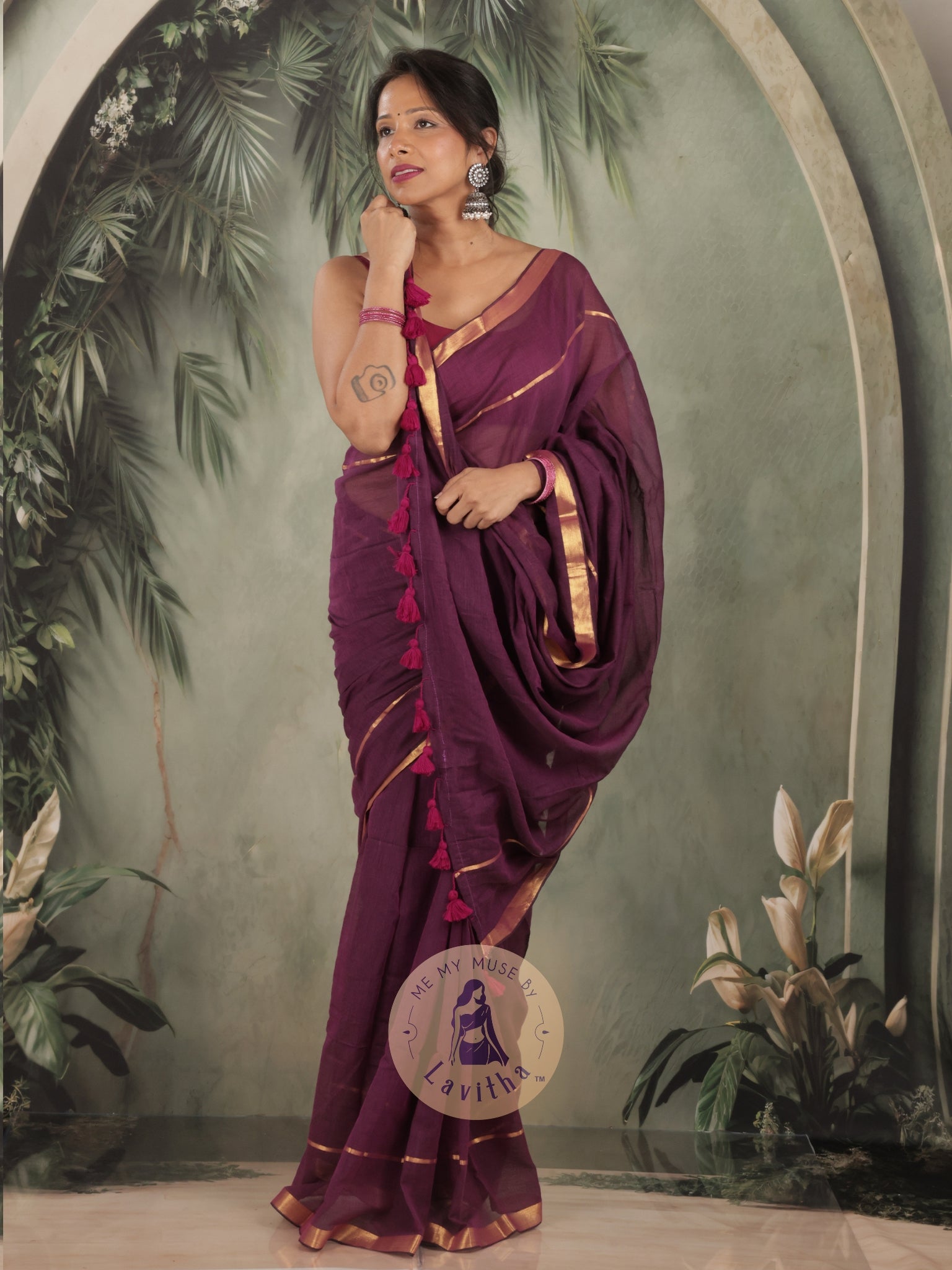 G-Siren Wine Mul Cotton Saree with Gold Border